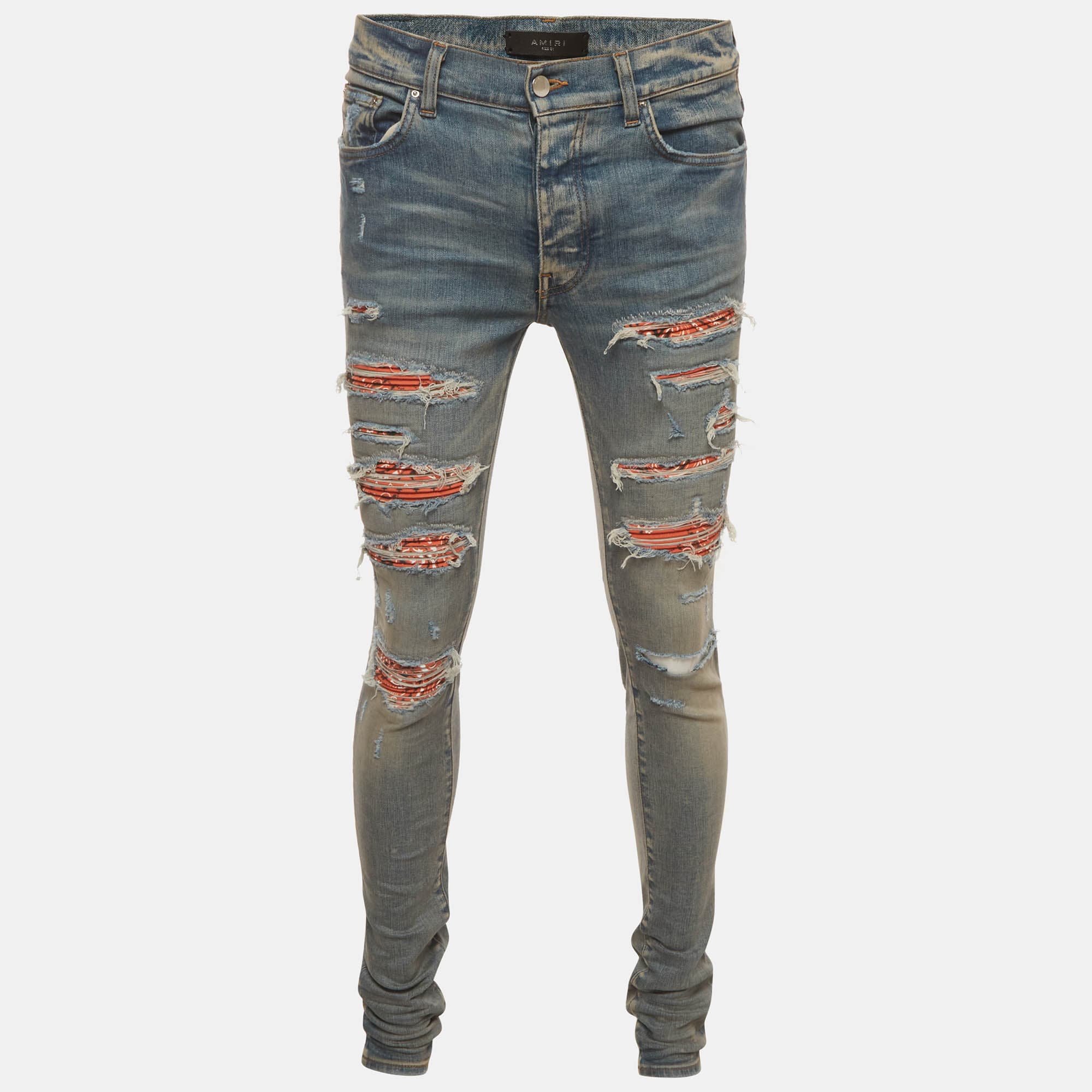 Amiri Blue Denim Bandana Thrasher Distressed Jeans S/Waist 30"