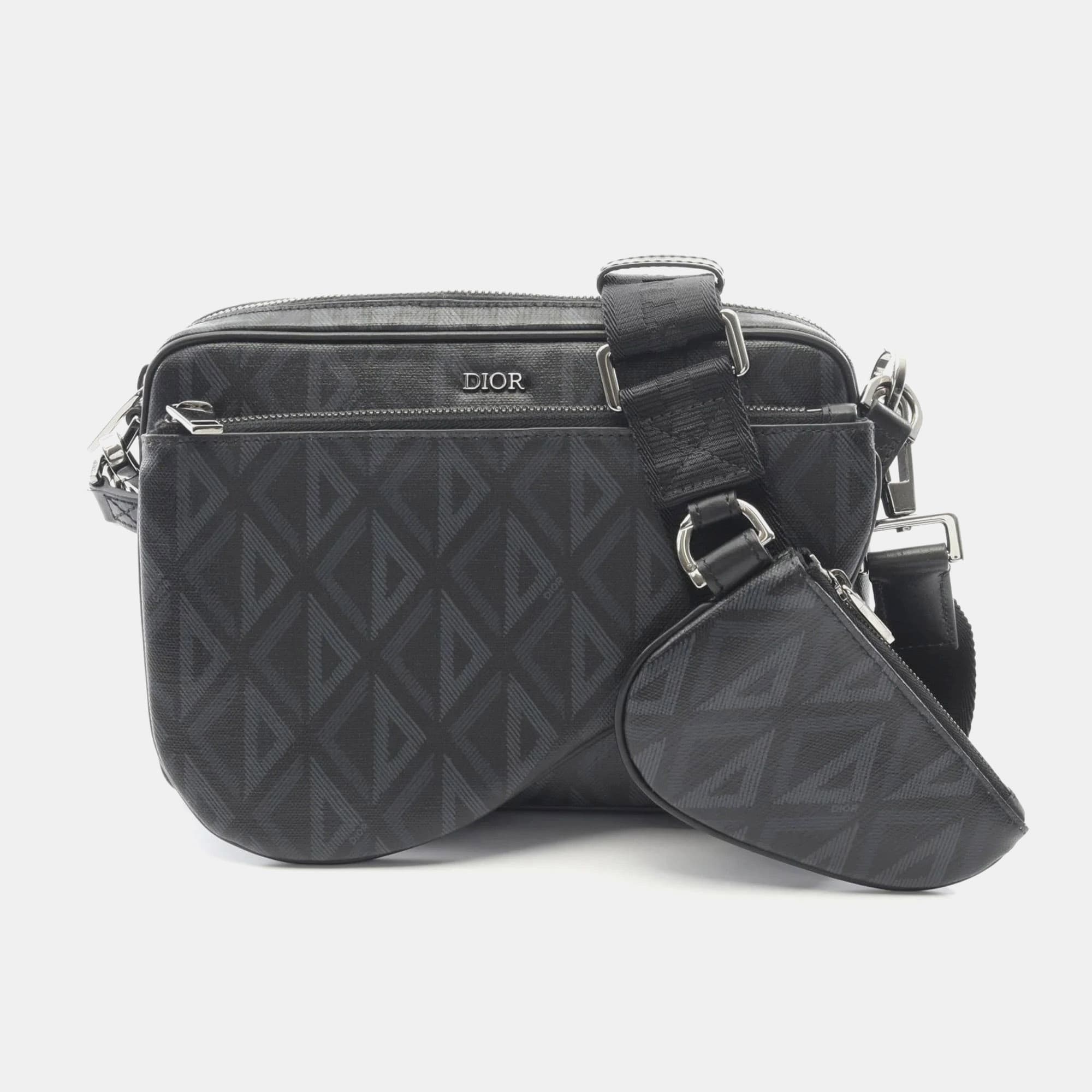 Christian Dior CD Diamond Black Coated Canvas Leather Shoulder Bag