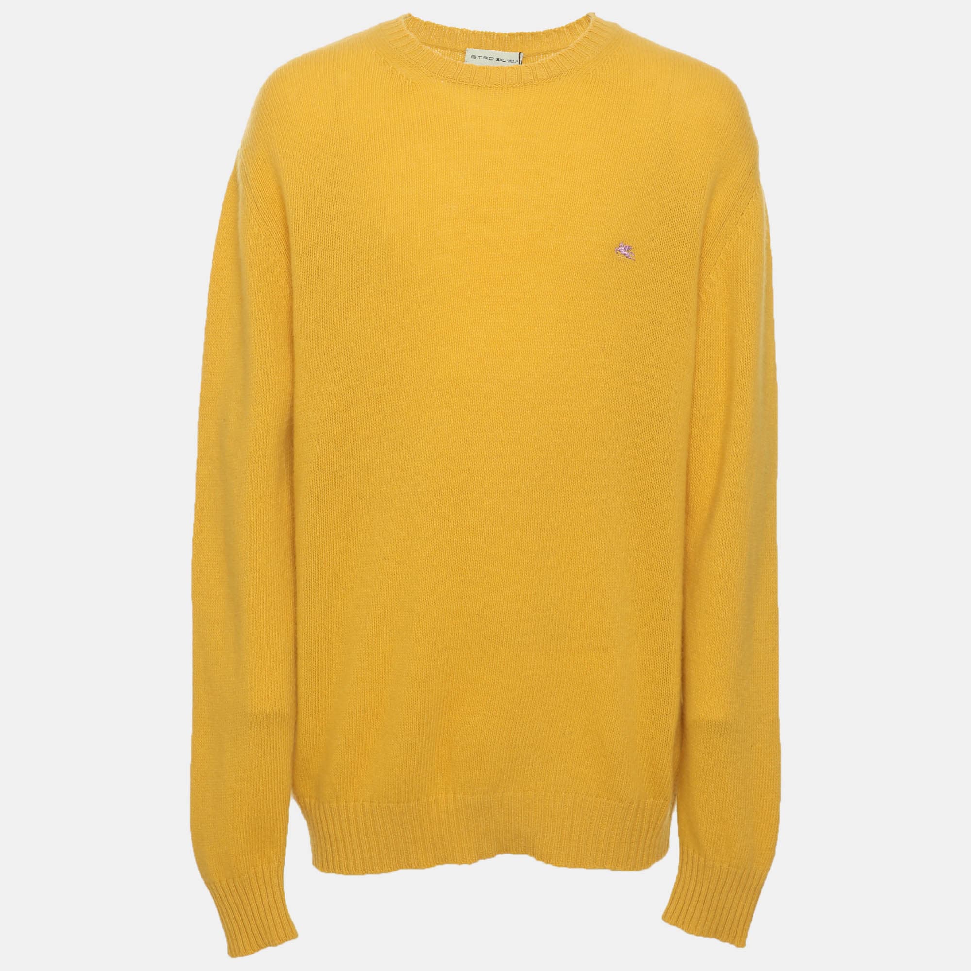 Etro Yellow Rib Knit Wool Logo Embroidered Crew Neck Sweater XXXL