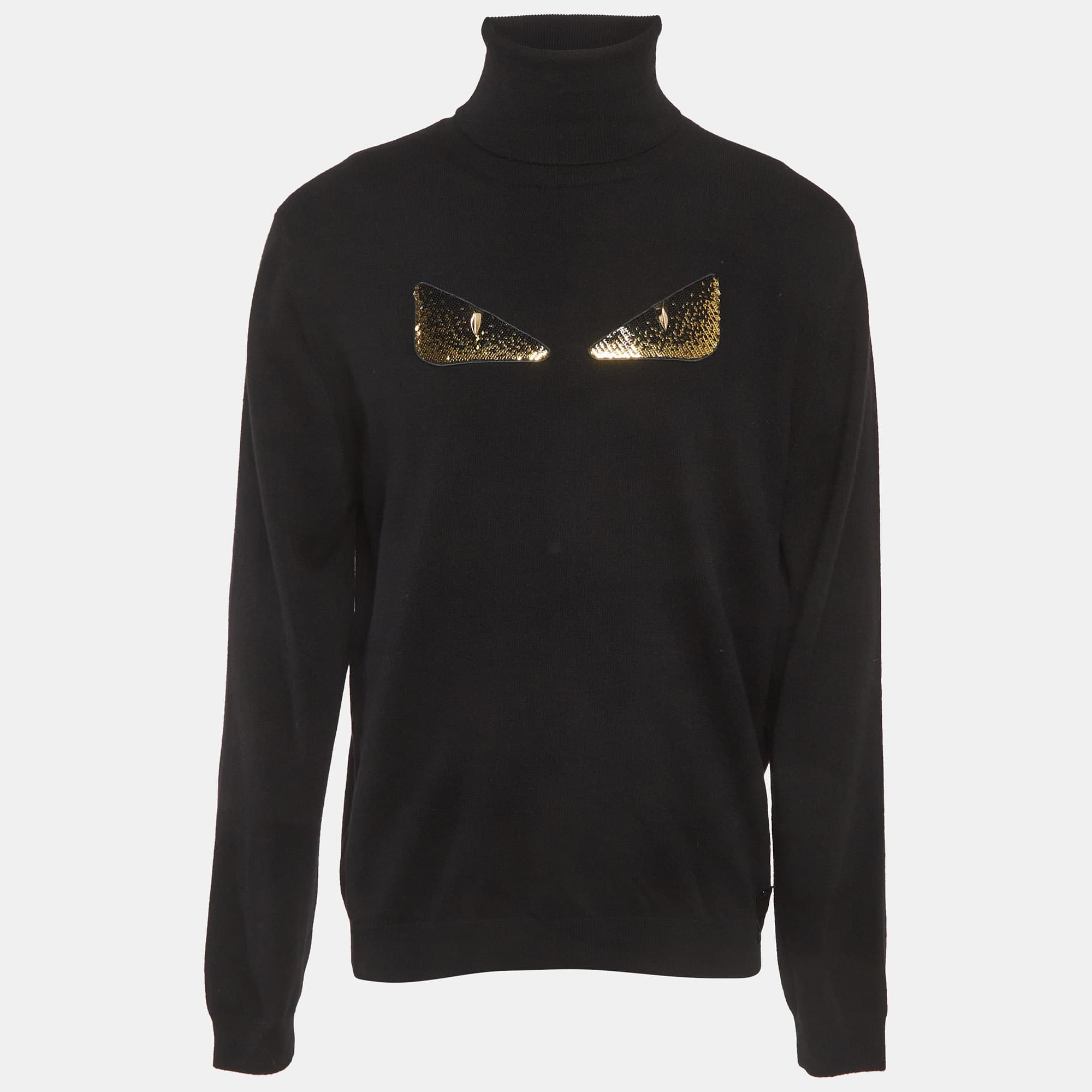 Fendi Black Monster Eye Sequin Cashmere Knit Sweater XXL