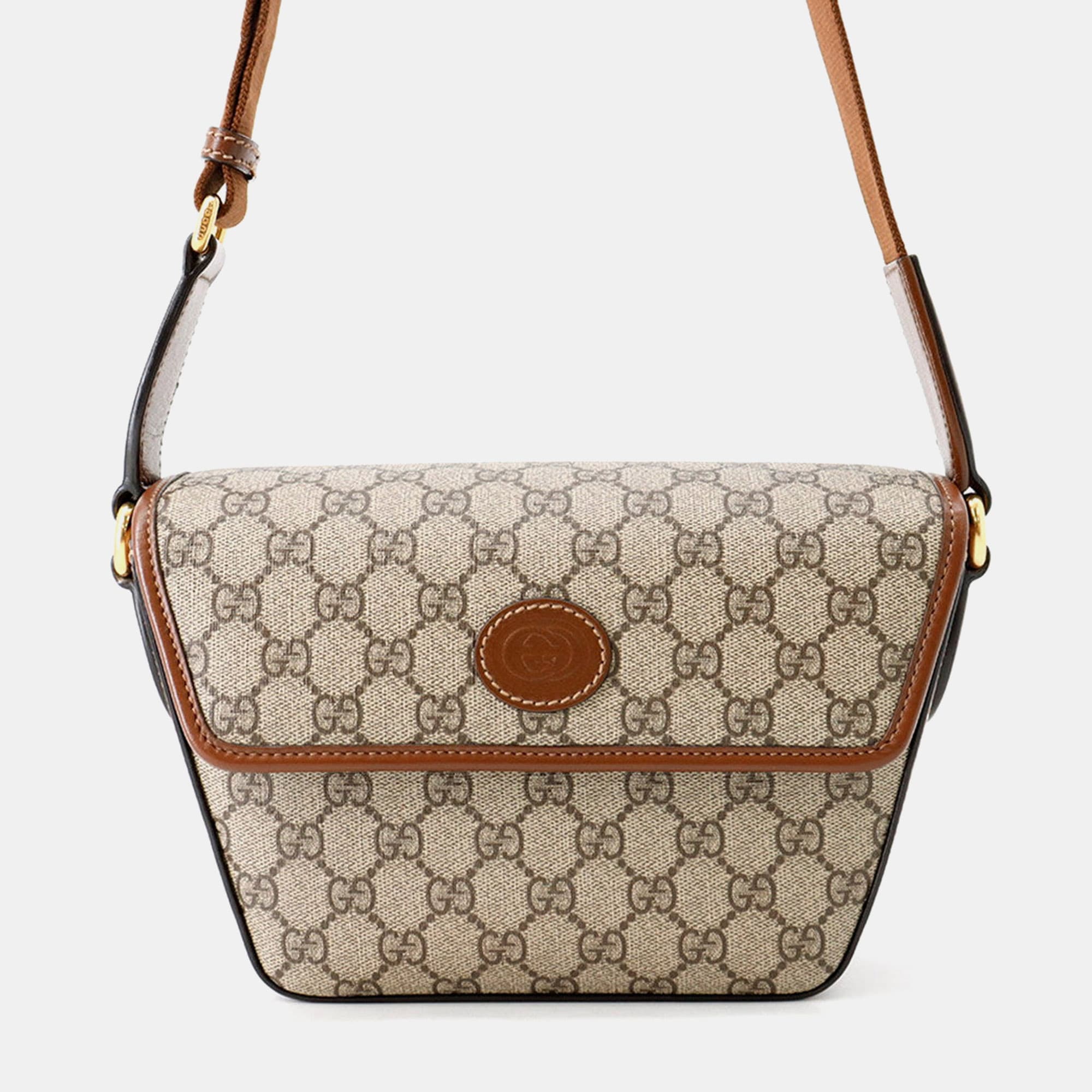 Gucci GG Supreme Small Beige Brown GG Supreme Canvas Leather Shoulder Bag
