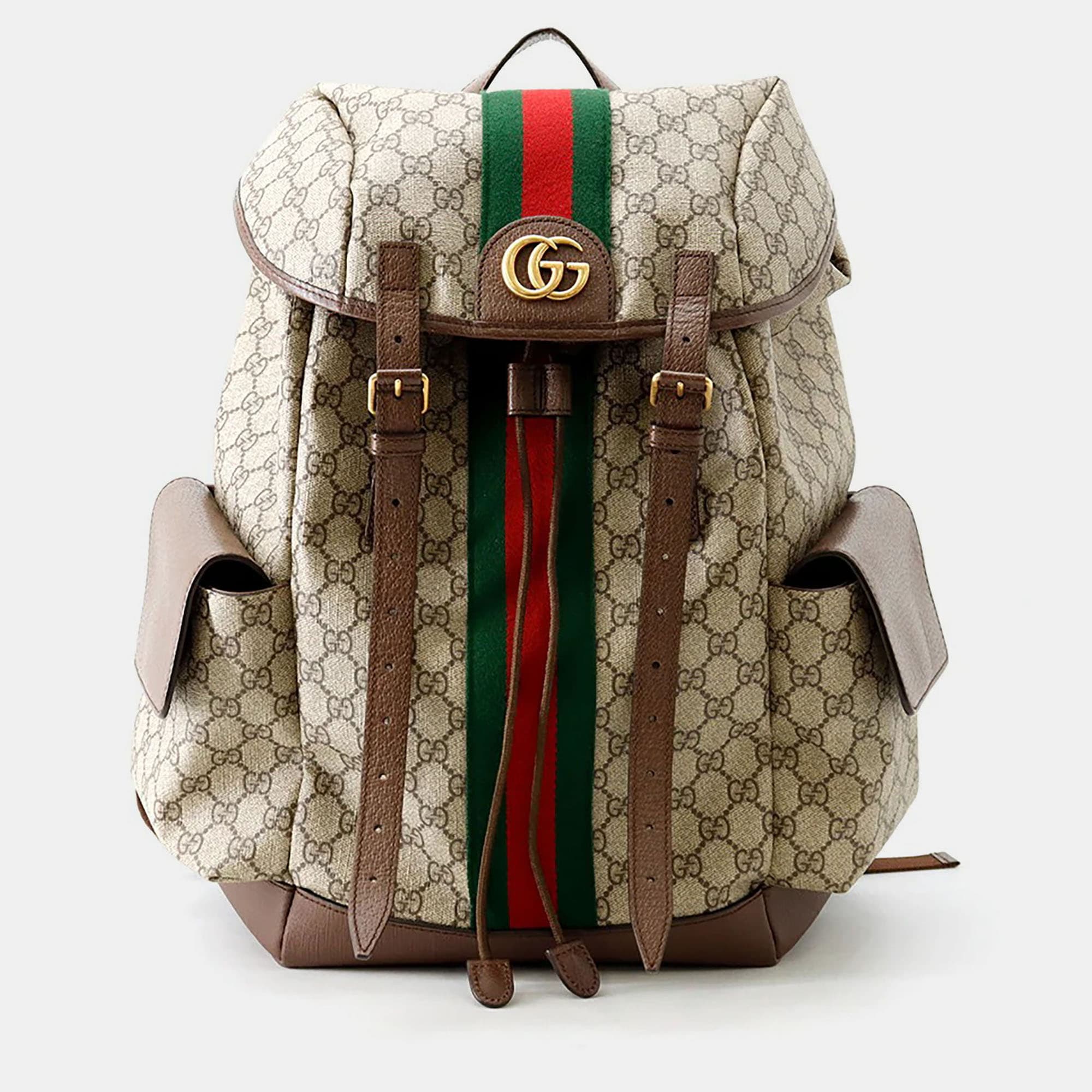 Gucci Ophidia Medium Beige/Ebony Monogram Canvas Brown Leather Backpack Bag