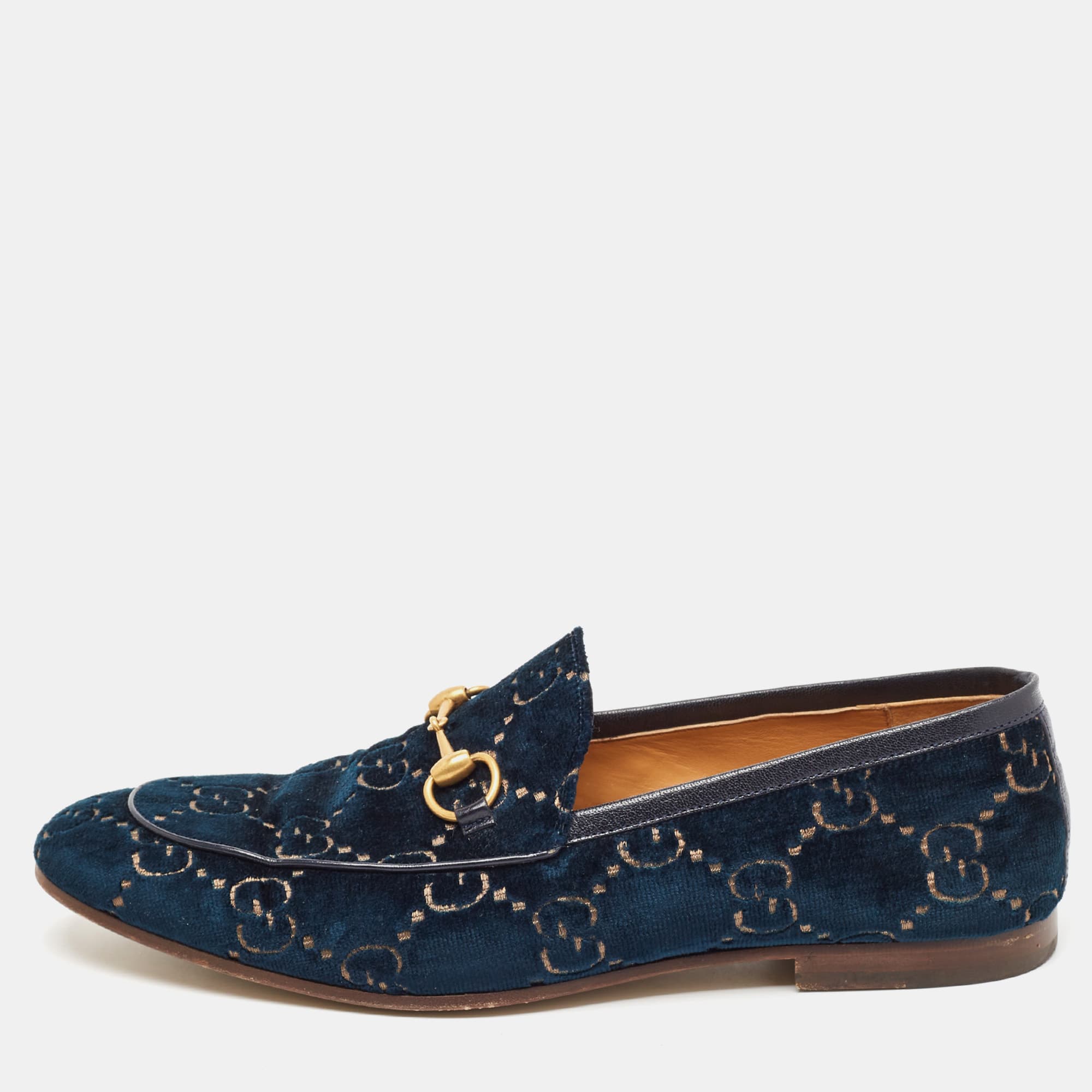 Gucci Navy Blue GG Velvet Jordaan Loafers Size 45