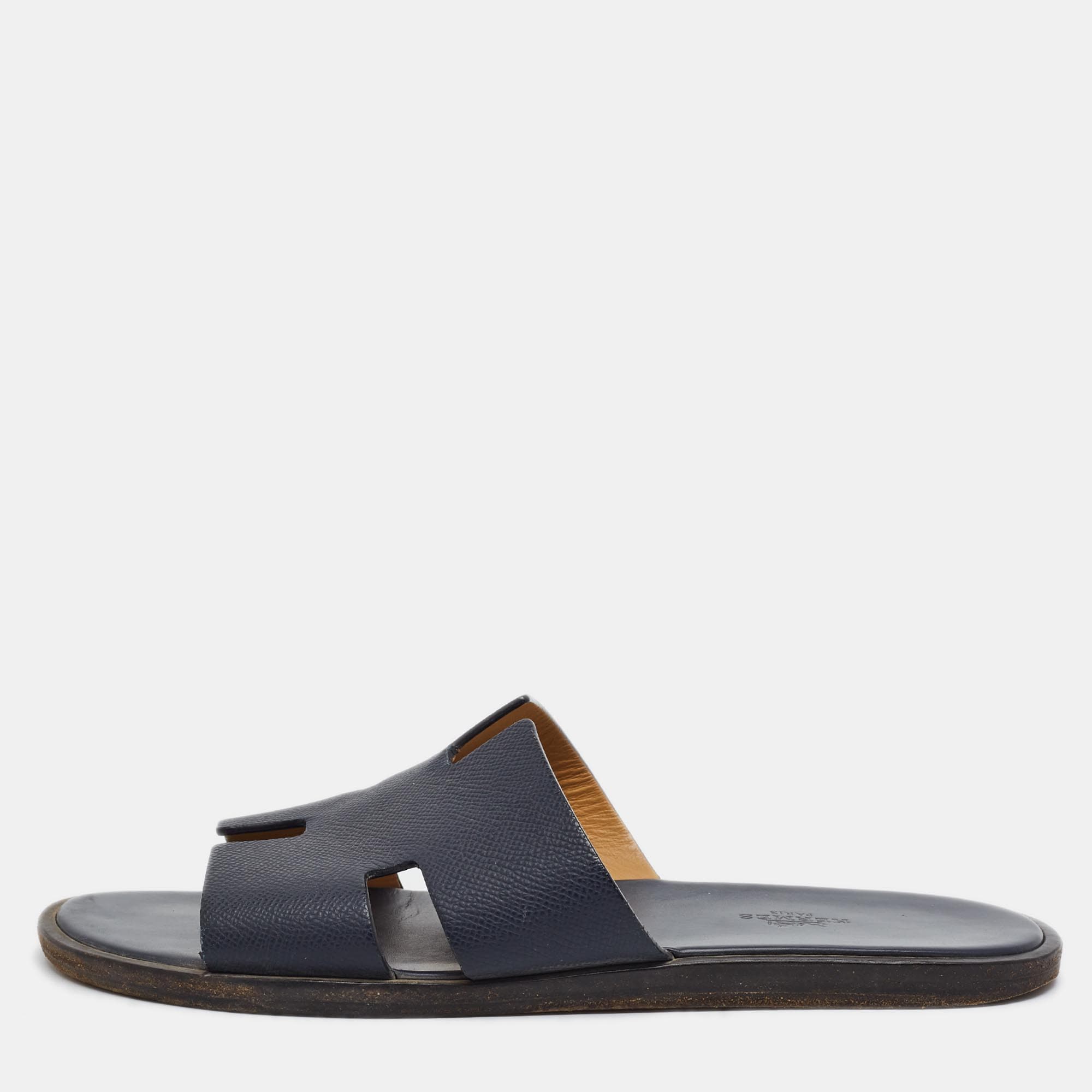 Hermes Izmir Size 41 Navy Blue Leather Slide Flats