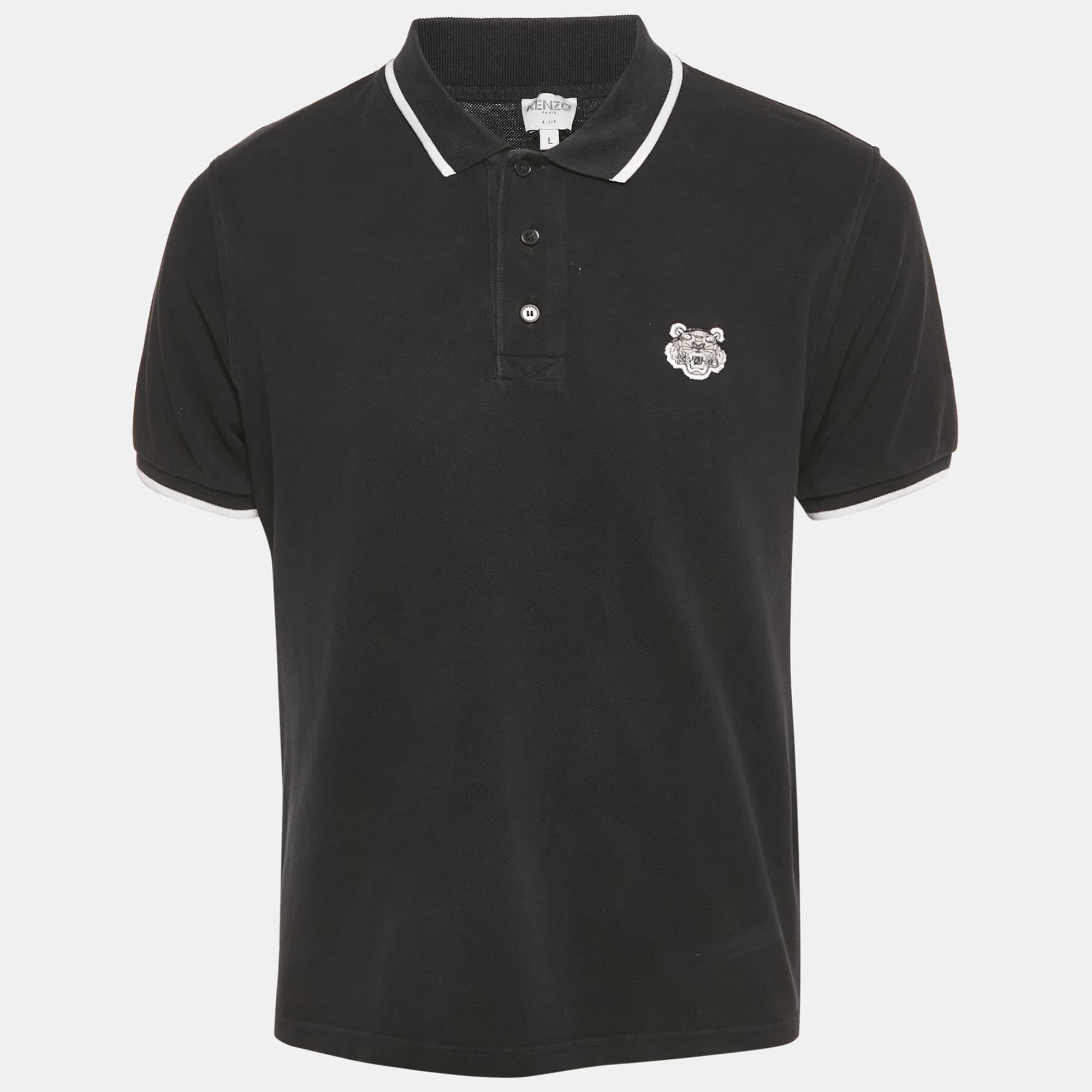 Kenzo Black Cotton Pique Polo T-Shirt L