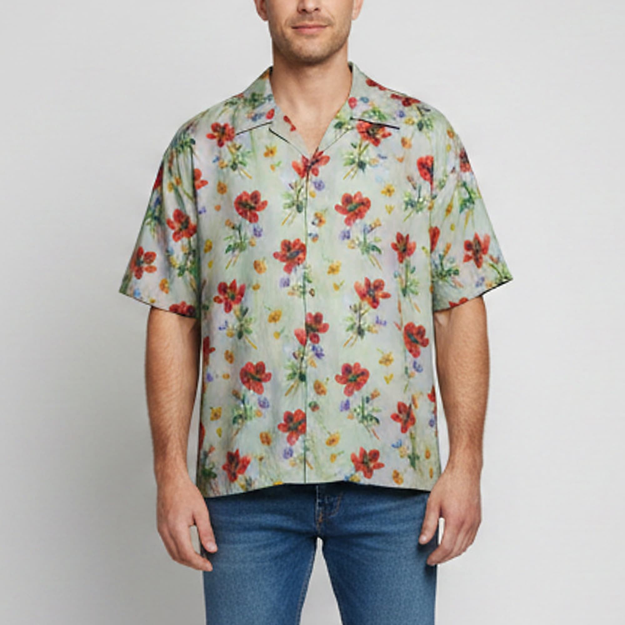 Loewe Green Floral Print Cotton and Silk Bowling Shirt M