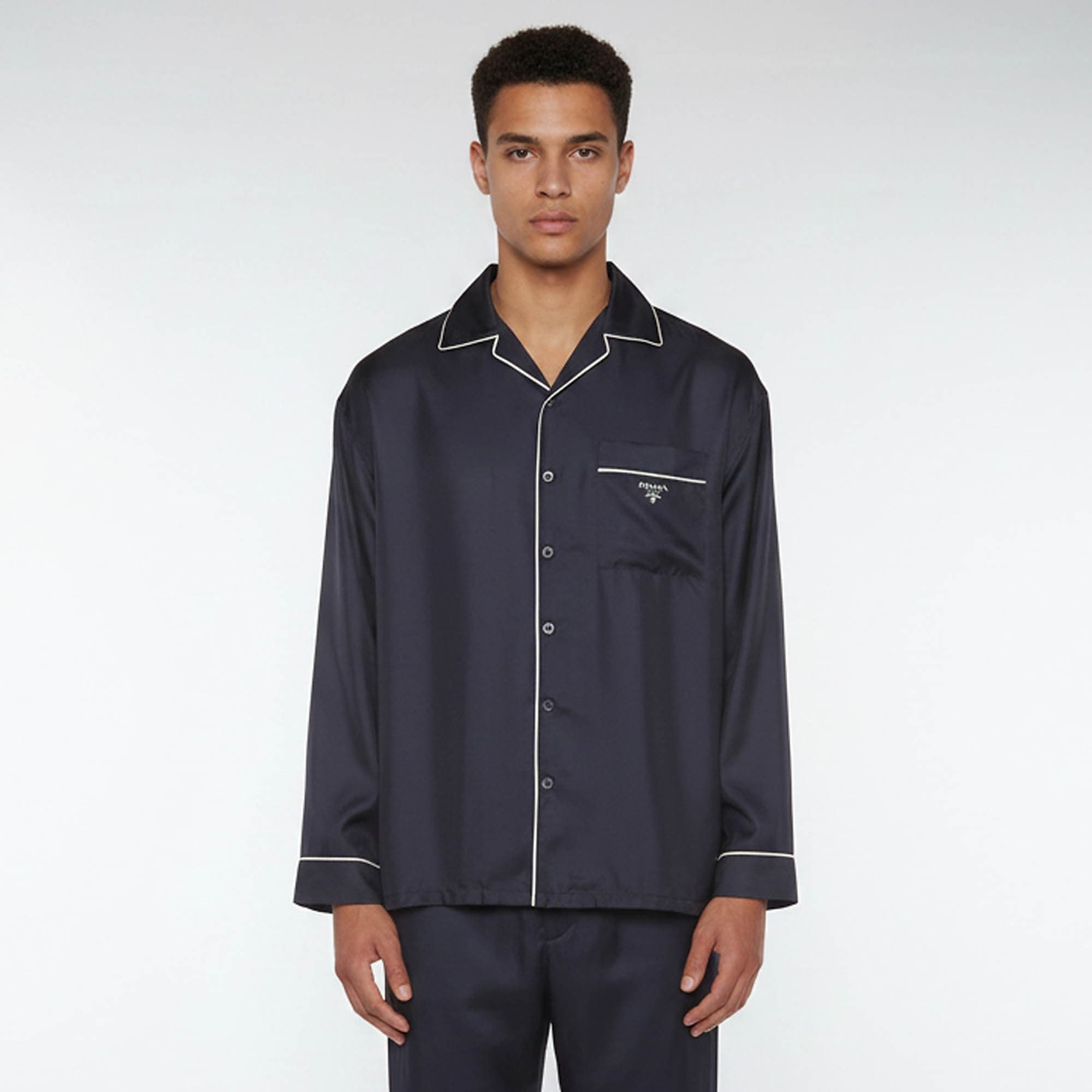 Prada Navy Blue Silk Oversized Button Up Pajama Shirt S