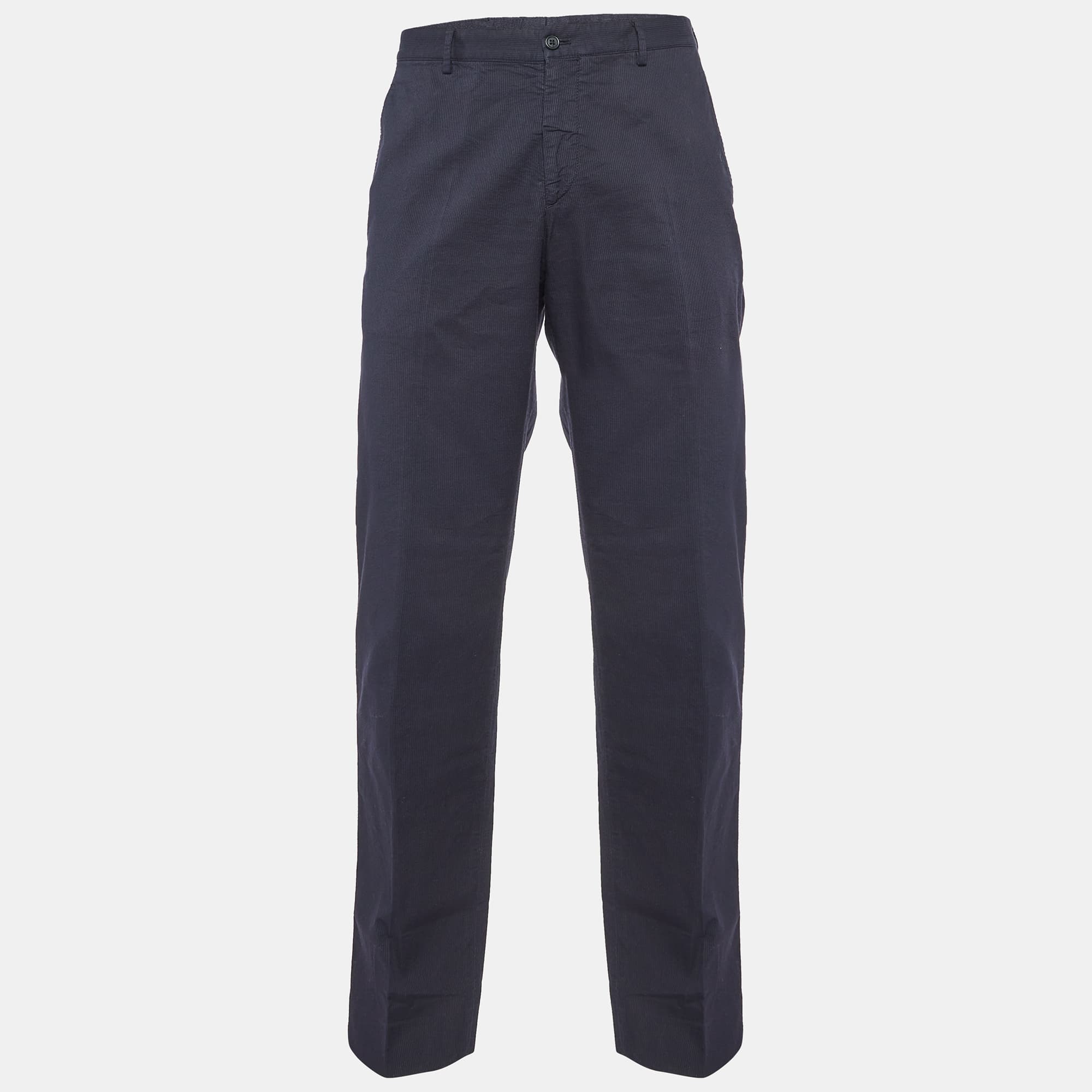 Prada Navy Blue Stripe Pattern Cotton Regular Fit Pants XL