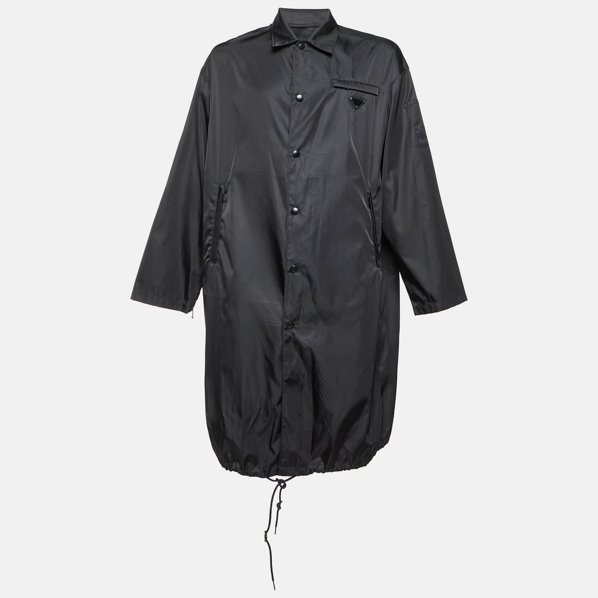 Prada Black Logo Detail Nylon Mid-Length Trench Coat XL