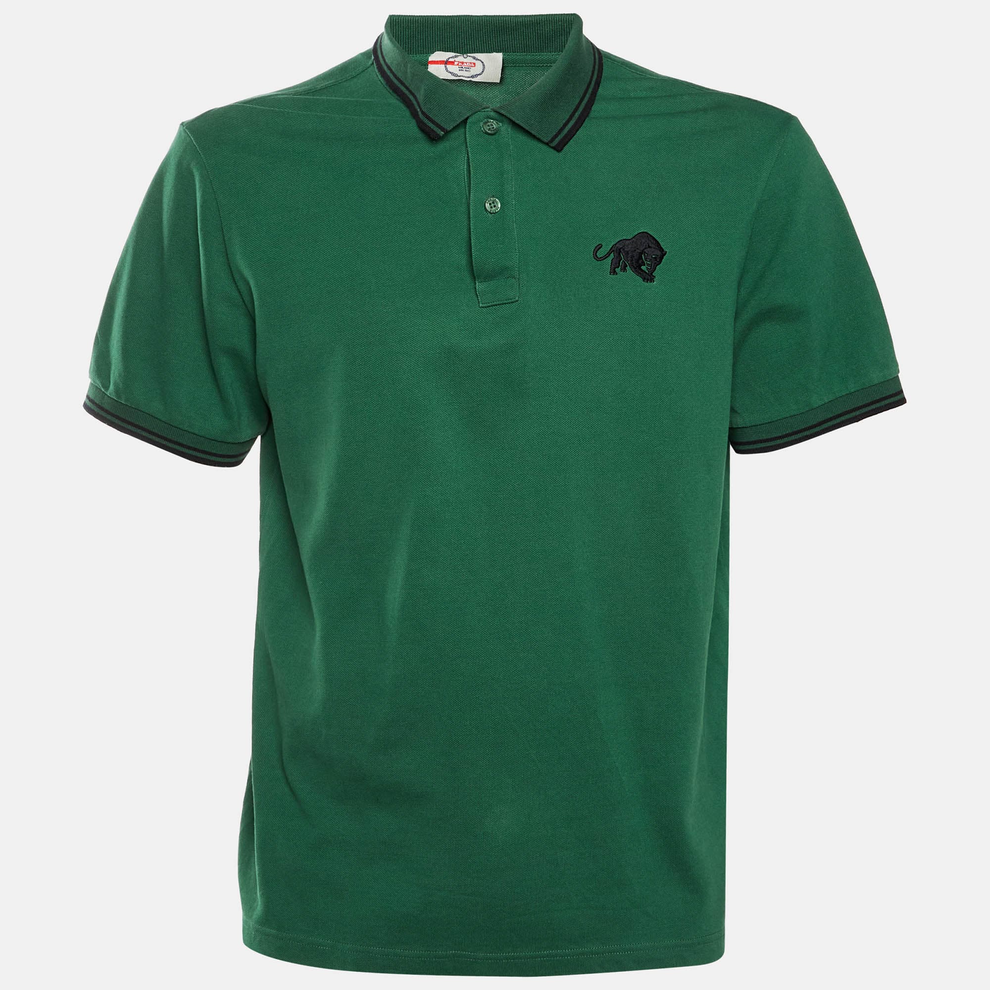 Prada Sport Green Panther Embroidered Cotton Pique Polo T-Shirt XXL