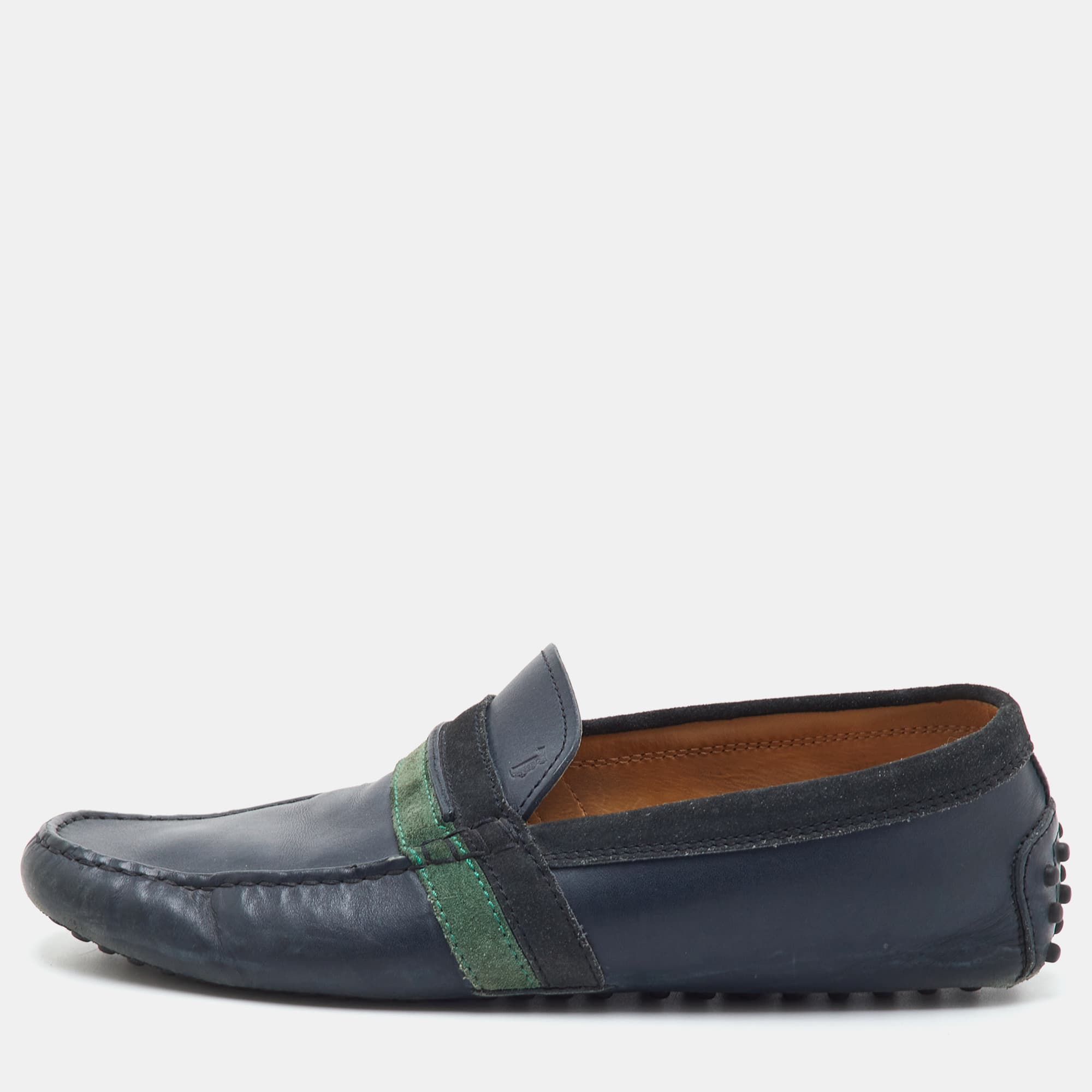 Tod's Size 40 Navy Blue/Green Leather and Suede Slip On Loafers
