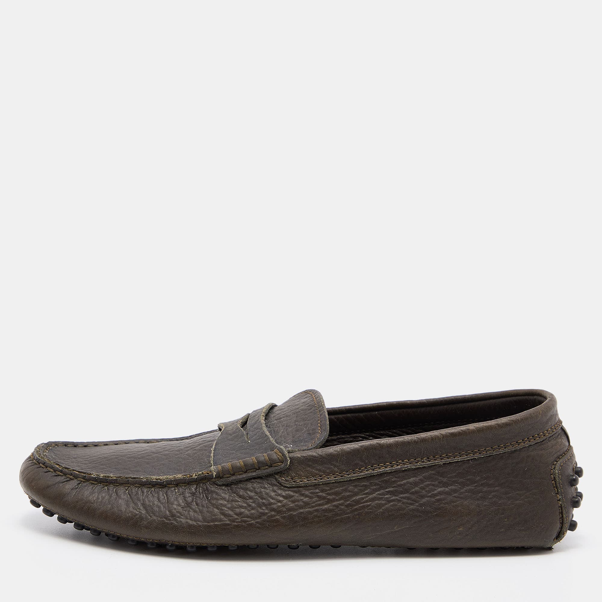 Tod's Olive Green Leather Penny Slip On Loafers Size 40