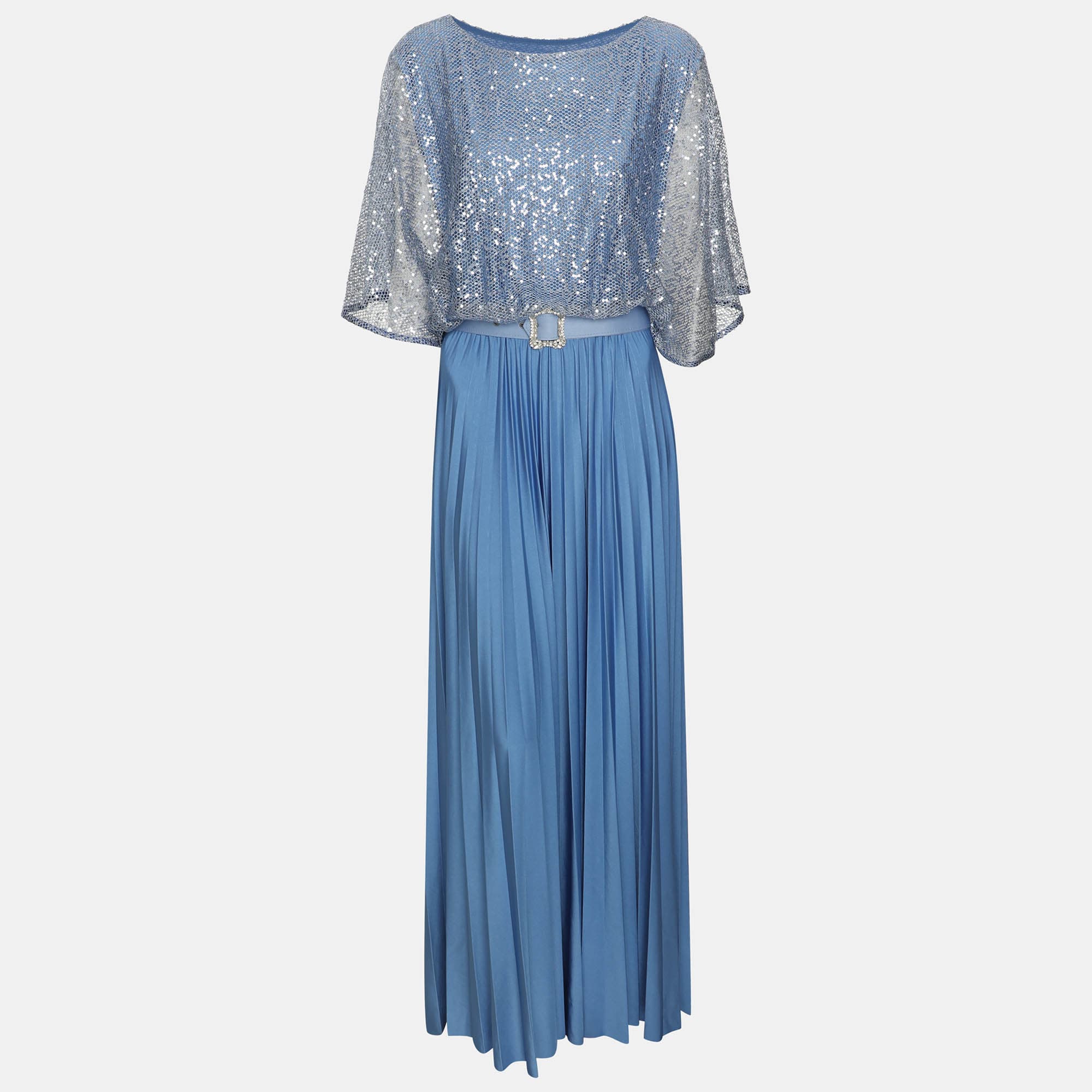 ACCESS Fashion Blue Satin and Knit Sequin Embellished Maxi Dress S