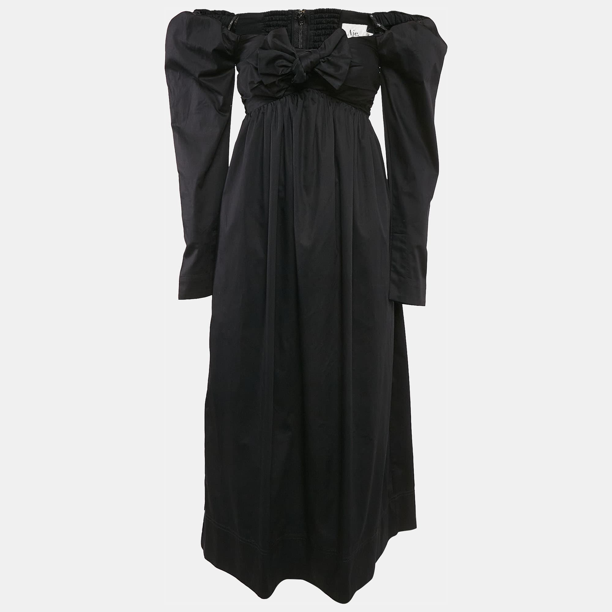 Aje Black Cotton Bow Detail Off-Shoulder Midi Dress XS
