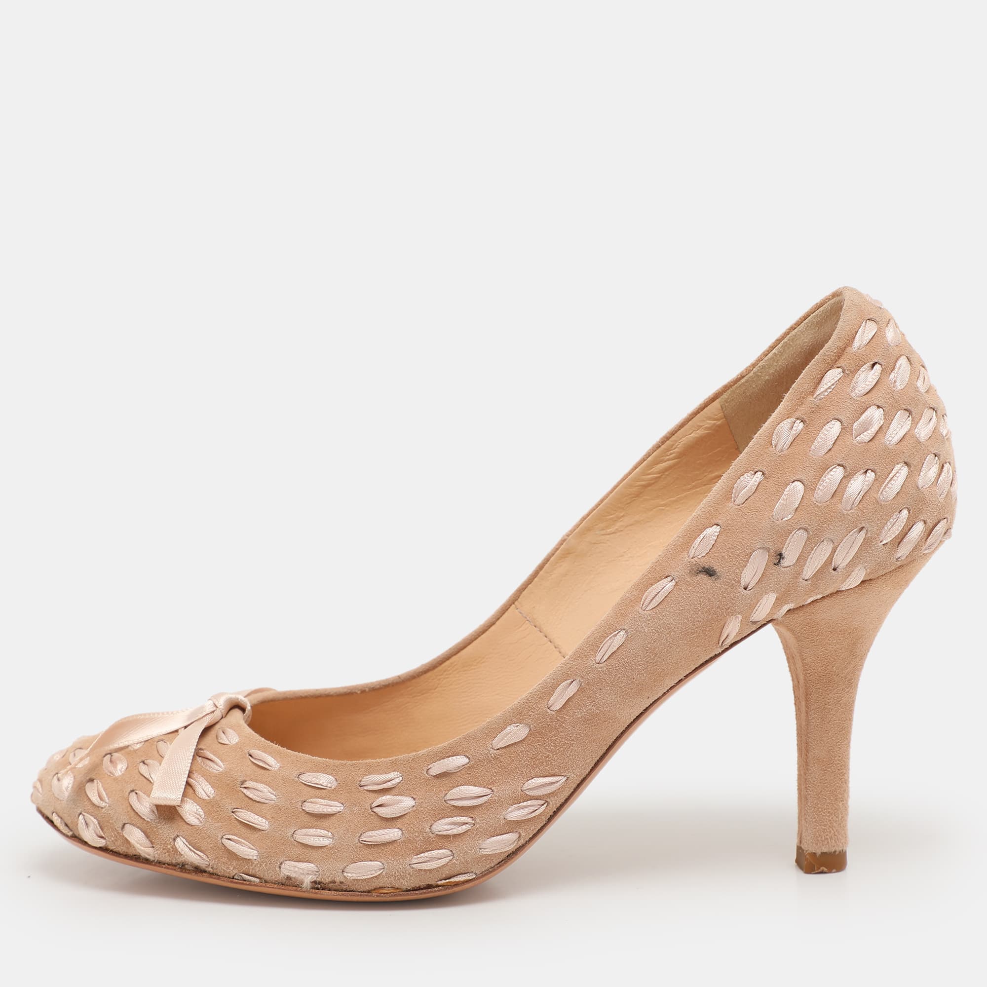 Chloe Beige Woven Fabric and Suede Bow Pumps Size 36