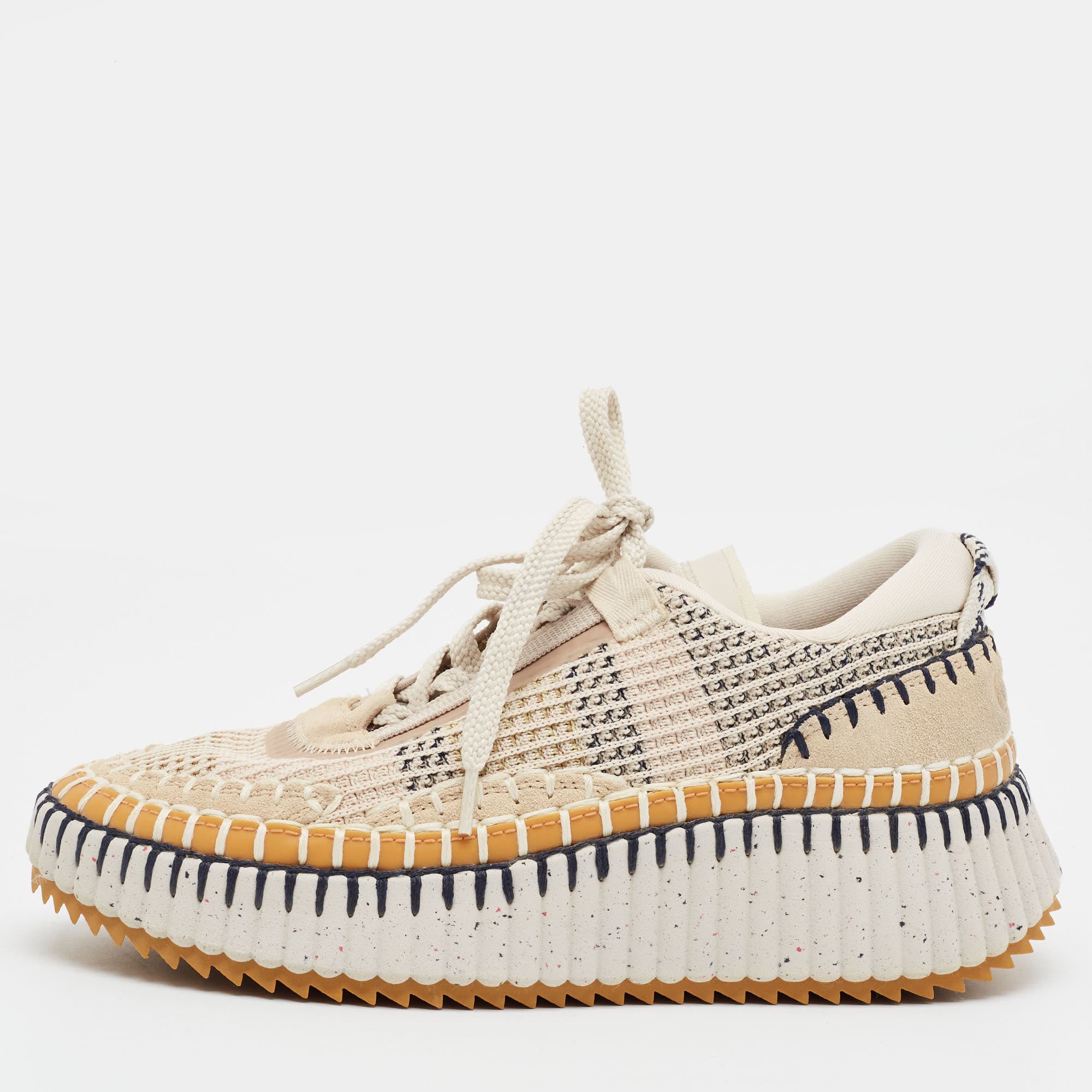 Chloe Nama Size 37 Multicolor Fabric and Suede Lace Up Sneakers