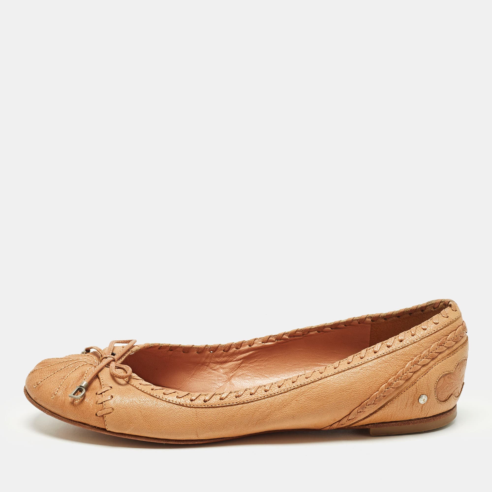 Dior Bow Size 38 Tan Leather Ballet Flats