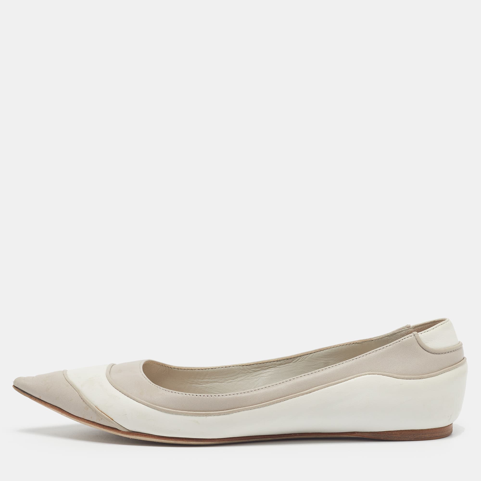 Dior Size 37 White/Light Grey Leather Pointed Toe Ballet Flats