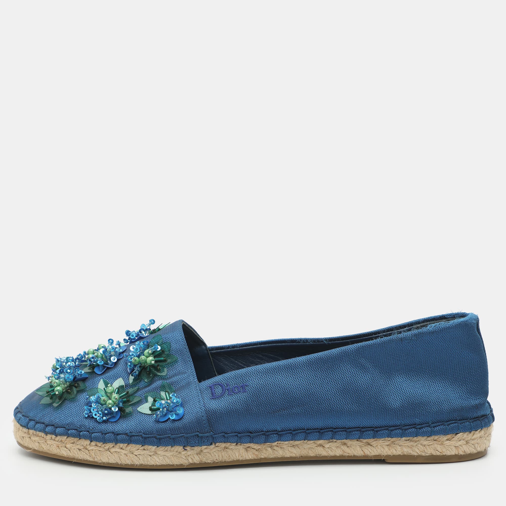 Dior Size 37.5 Blue Floral Embellished Satin Espadrille Loafers