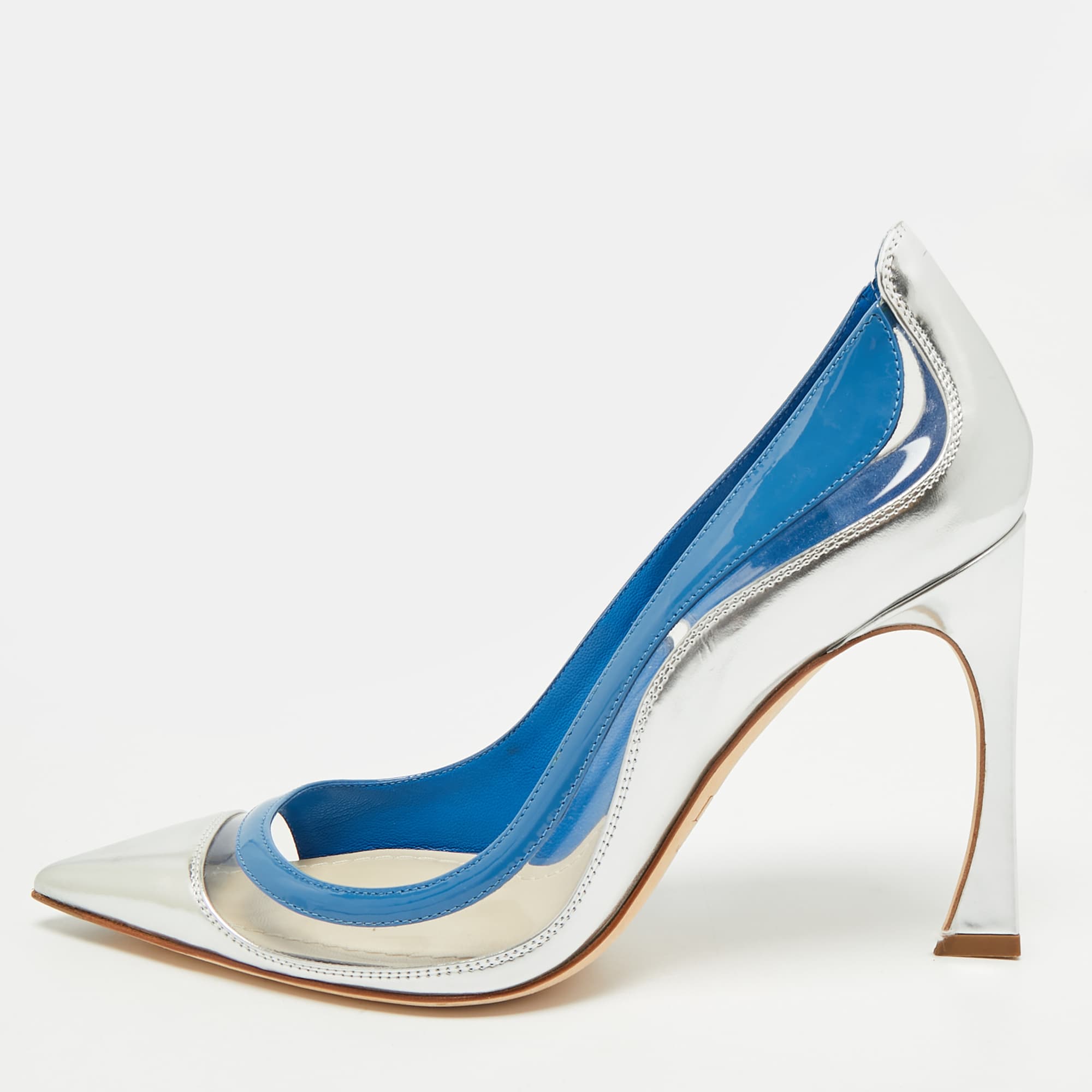 Dior Wave Size 37 Blue/Silver Metallic Leather and Patent Leather Pointed Toe Pumps