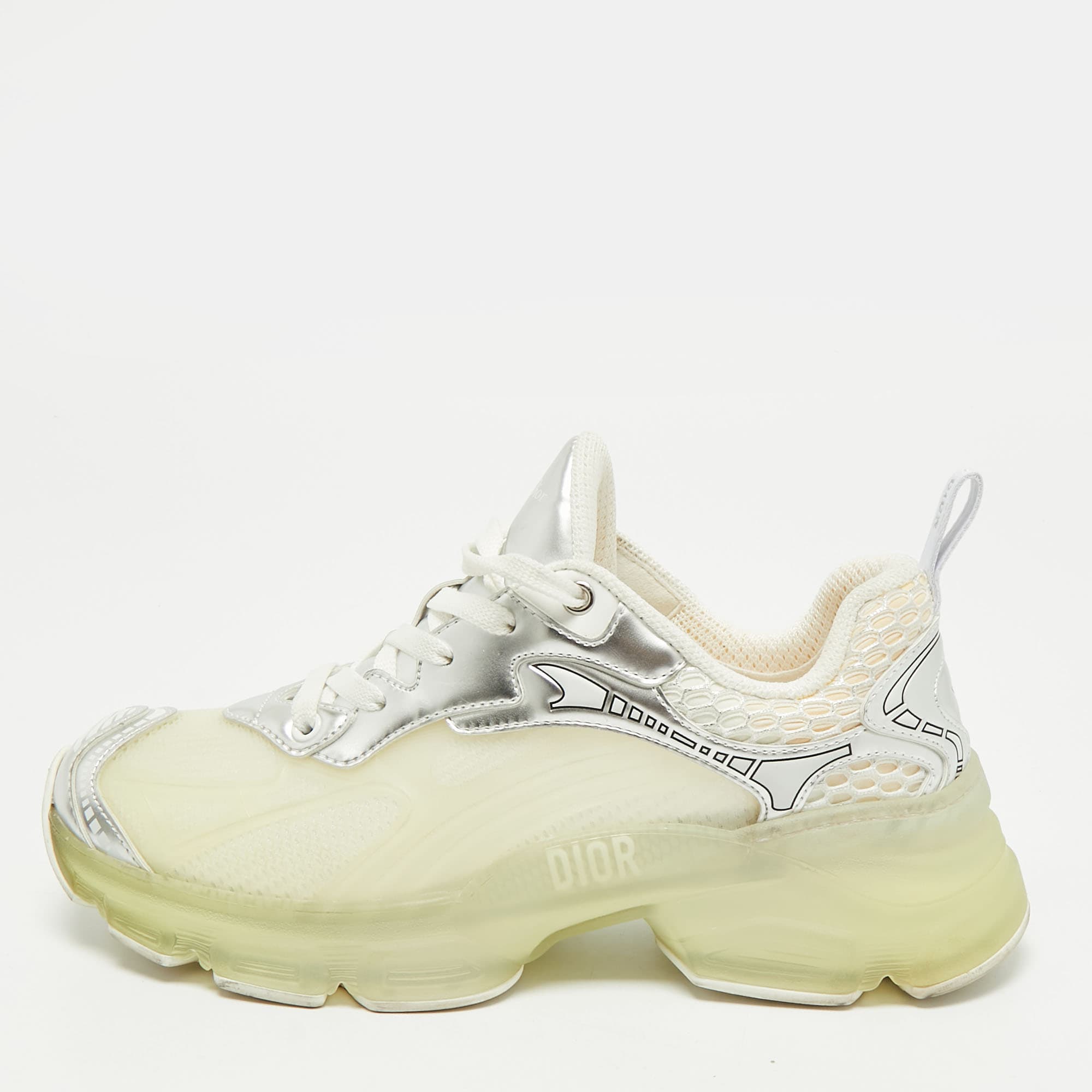 Dior Vibe Size 37 White/Silver Rubber and Foil Leather Low Top Sneakers