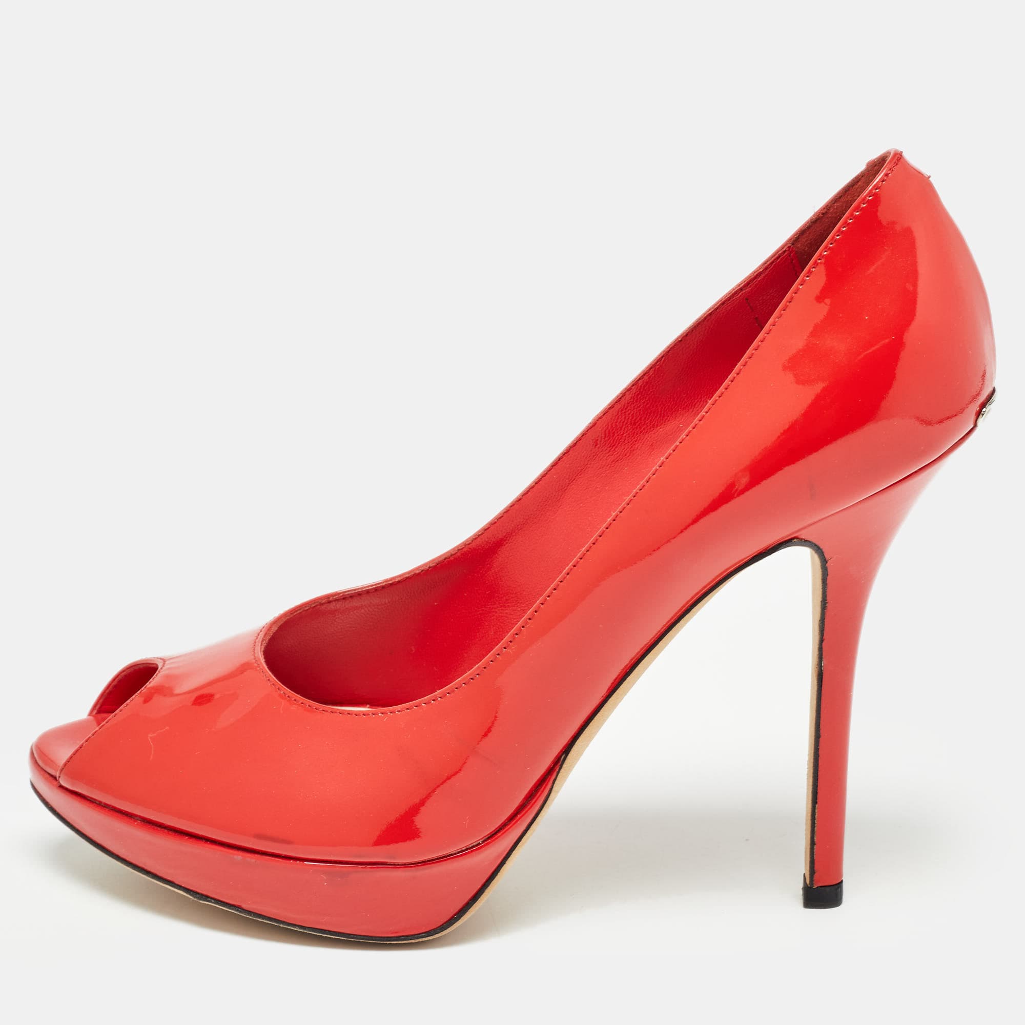 Dior Miss Dior Size 37 Red Patent Leather Peep Toe Pumps