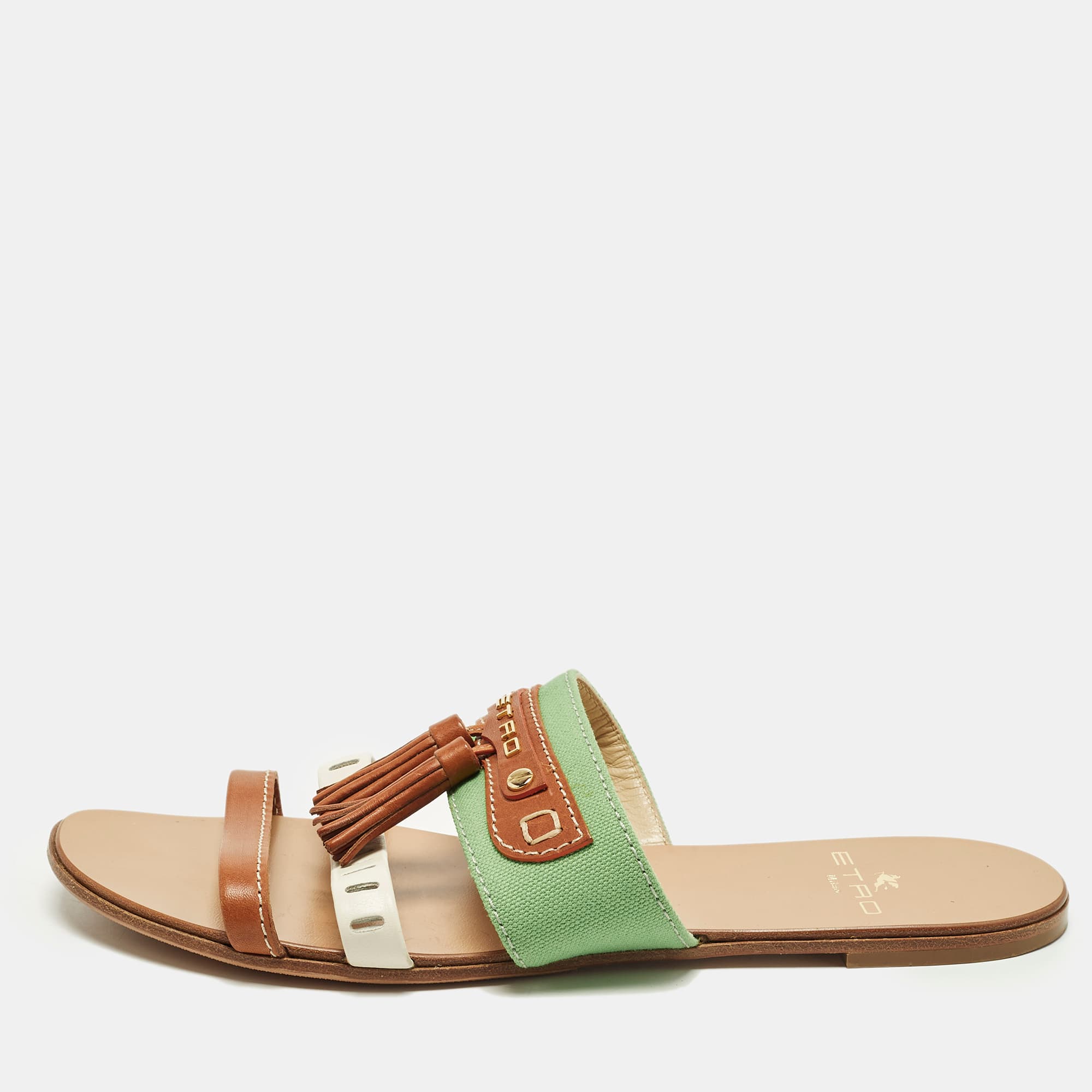 Etro Size 39.5 Trcolor Canvas and Leather Fringe Flat Slide