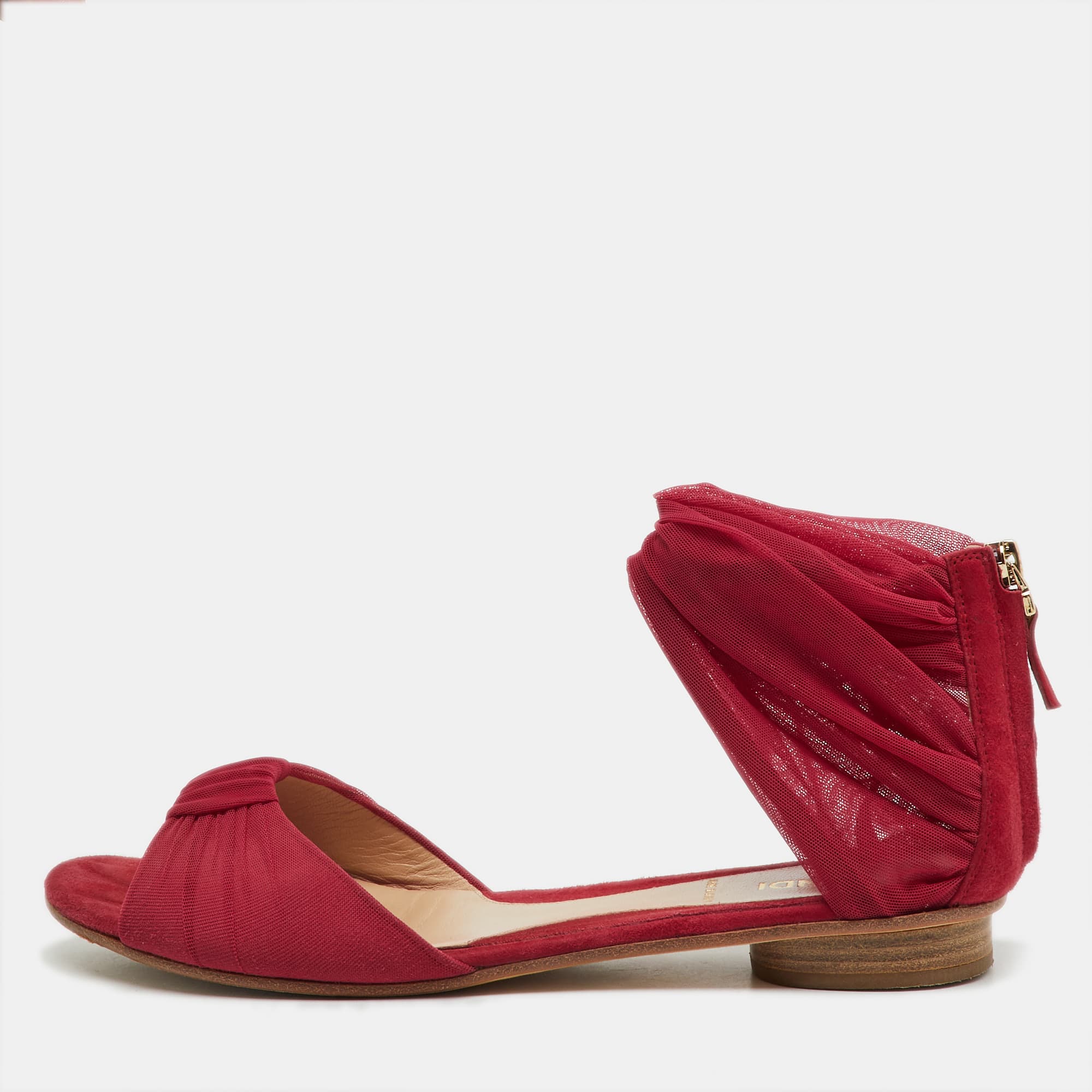Fendi Red Mesh and Suede Ankle Wrap Flat Sandals Size 37