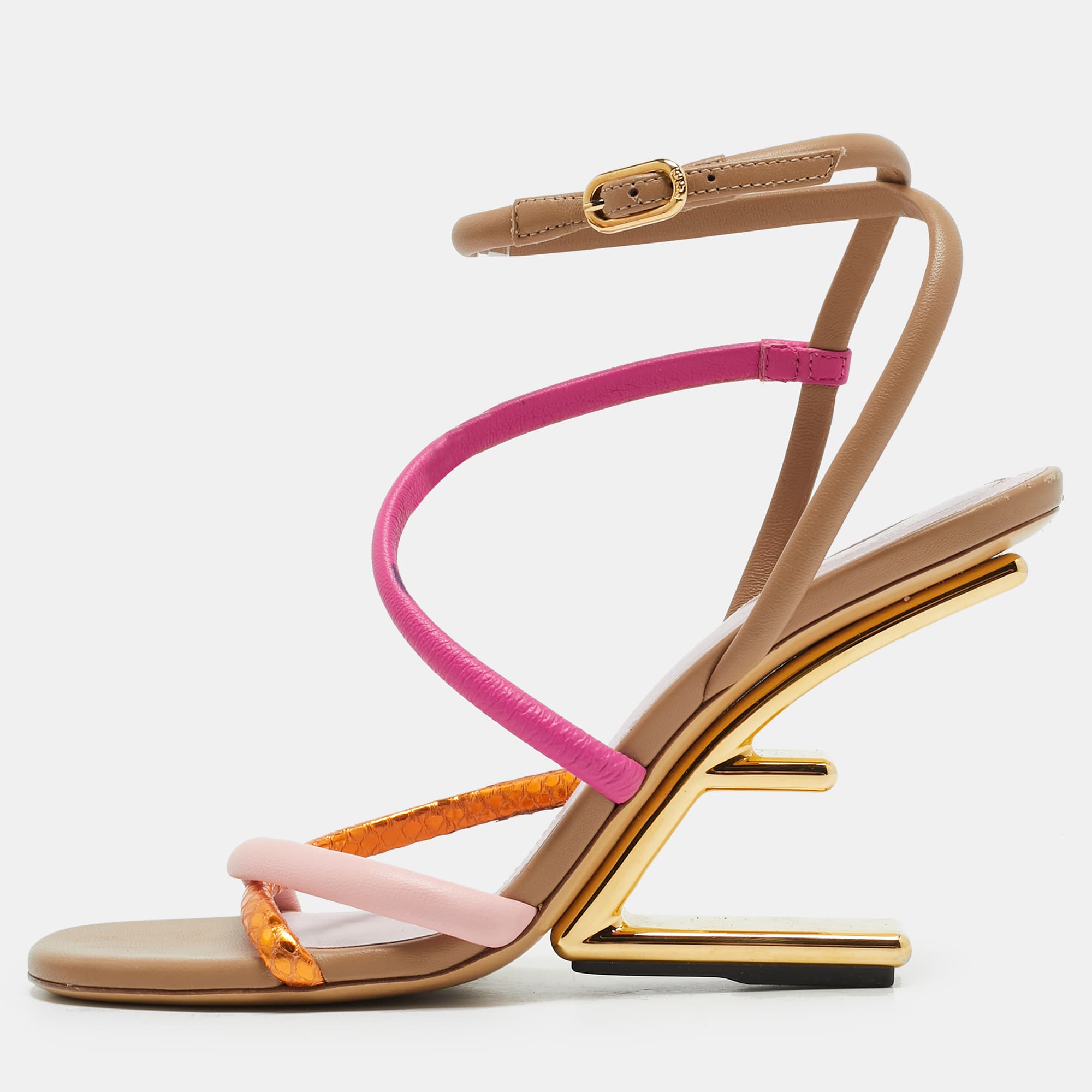 Fendi Fendi First Size 37.5 Multicolor Leather and Snakeskin Embossed Leather Strappy Sandals