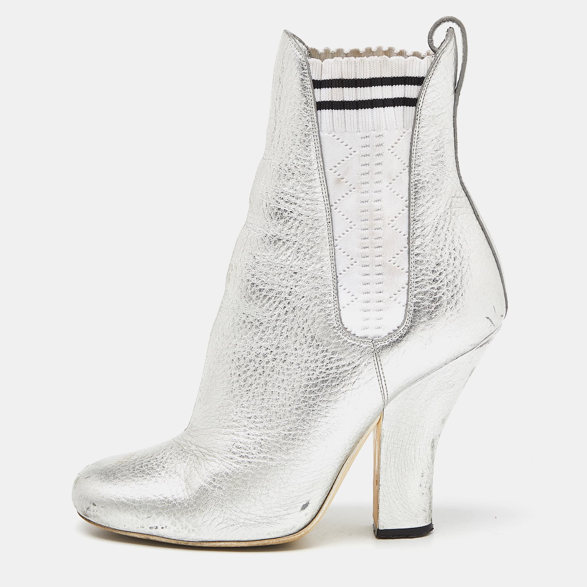 Fendi Marie Antoinette Size 37 Silver Leather Ankle Length Boots