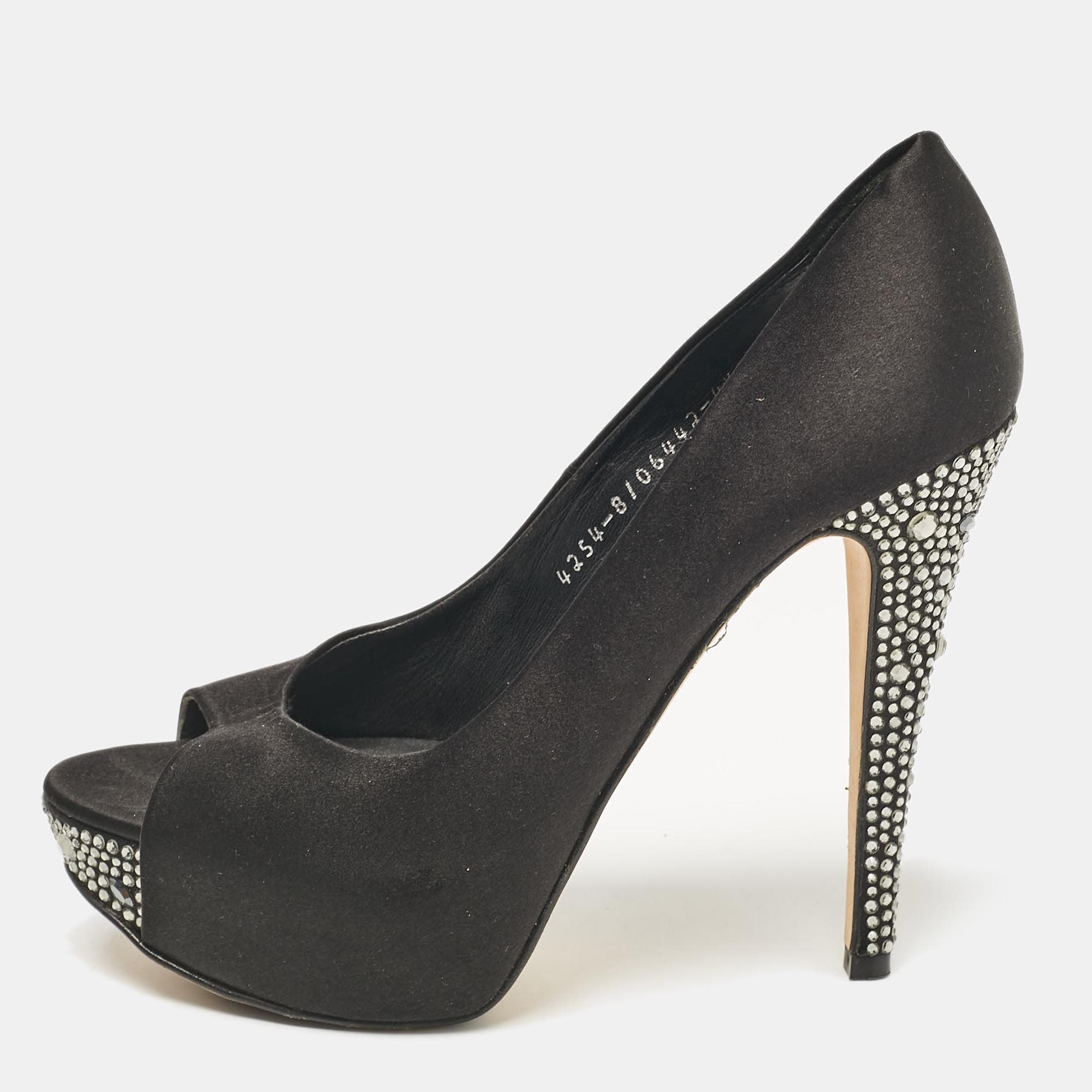 Gina Black Satin Crystal Embellished Peep Toe Pumps Size 37.5