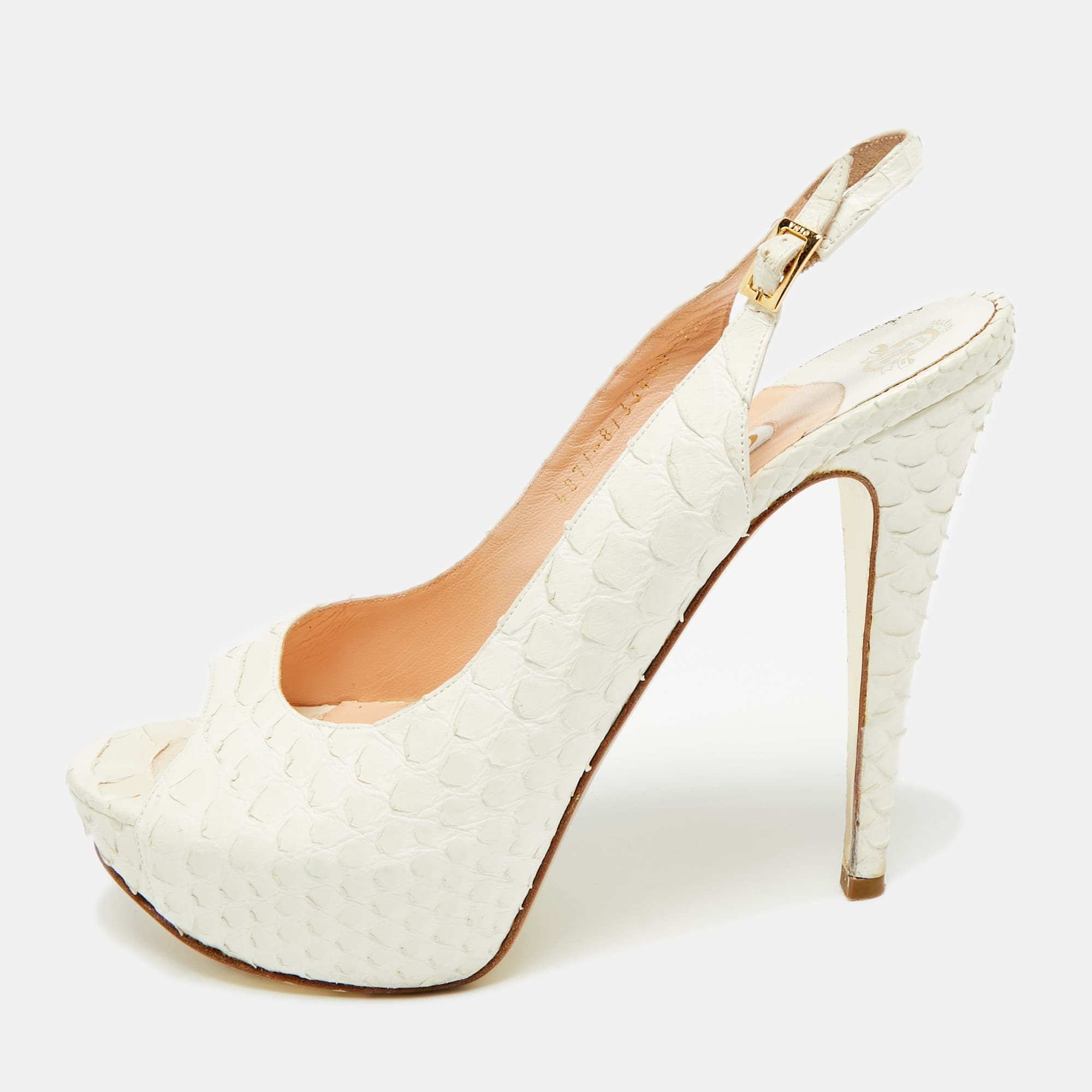Gina Size 40.5 White Python Leather Slingback Pumps