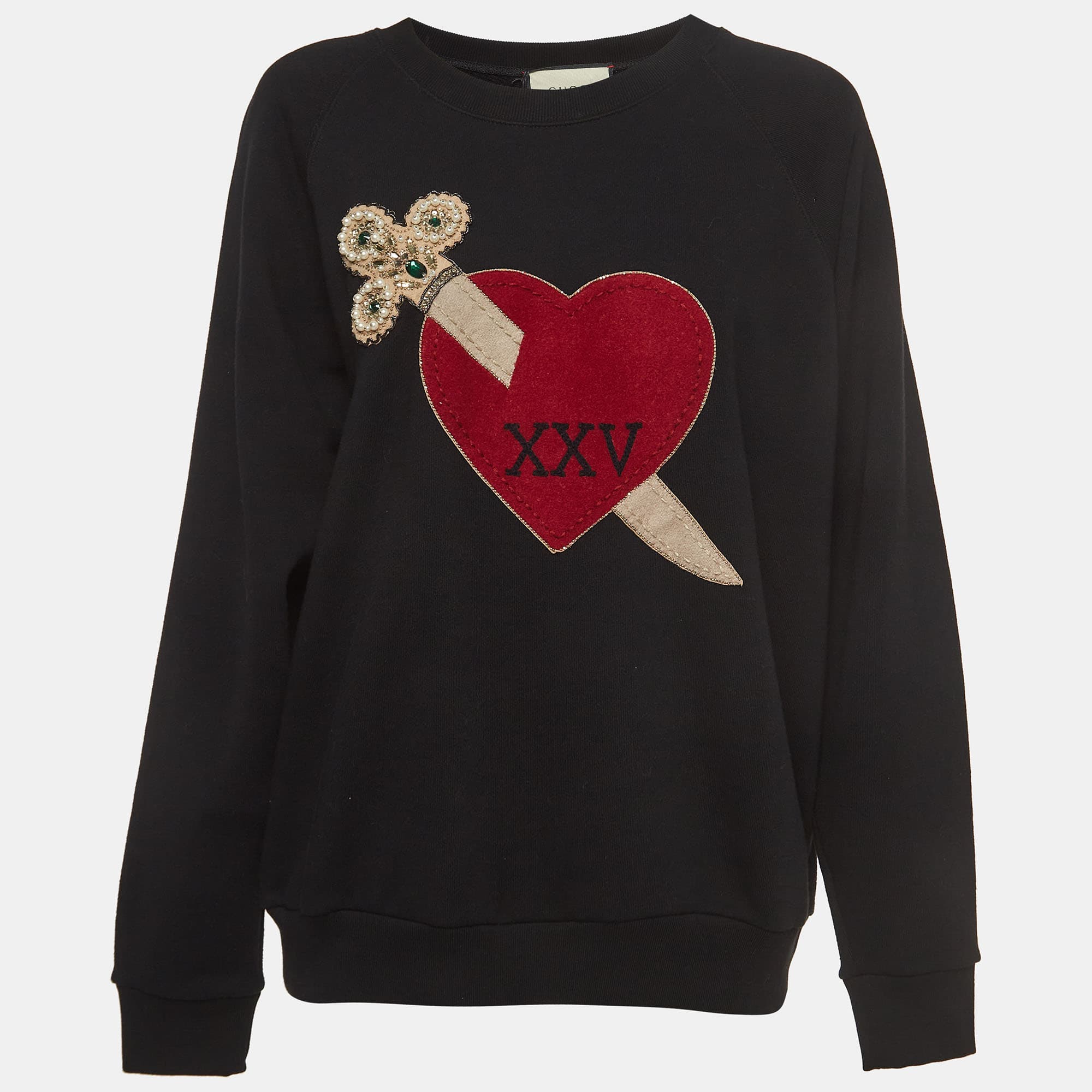Gucci Black Cotton Dagger Heart Embroidered Sweatshirt S