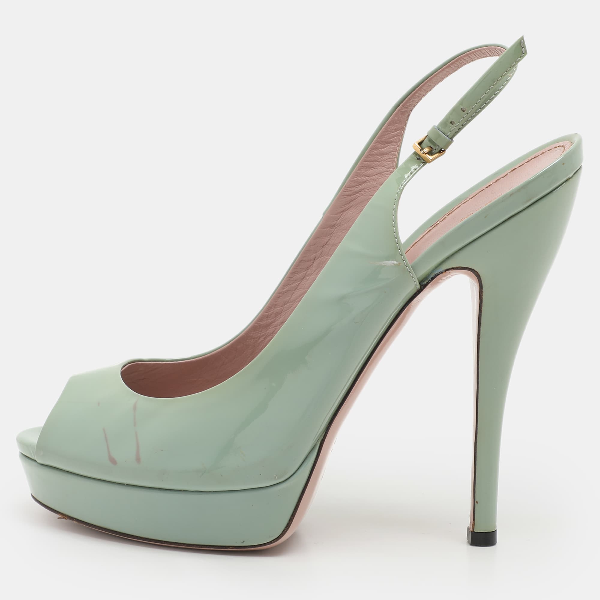 Gucci Green Patent Leather Peep-Toe Platform Slingback Pumps Size 39