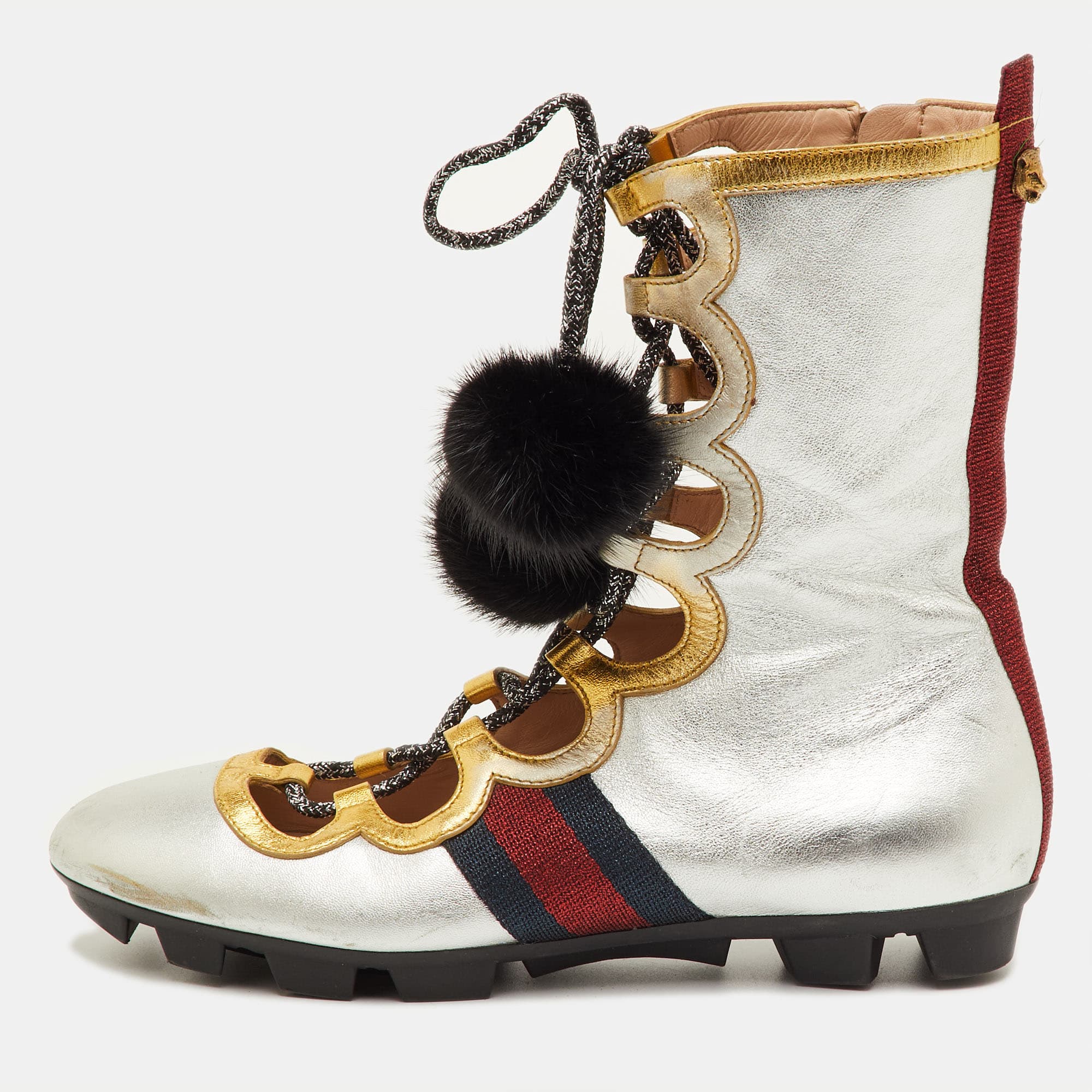 Gucci Silver/Gold Leather Titan Gladiator Lace Up Sneakers Size 38