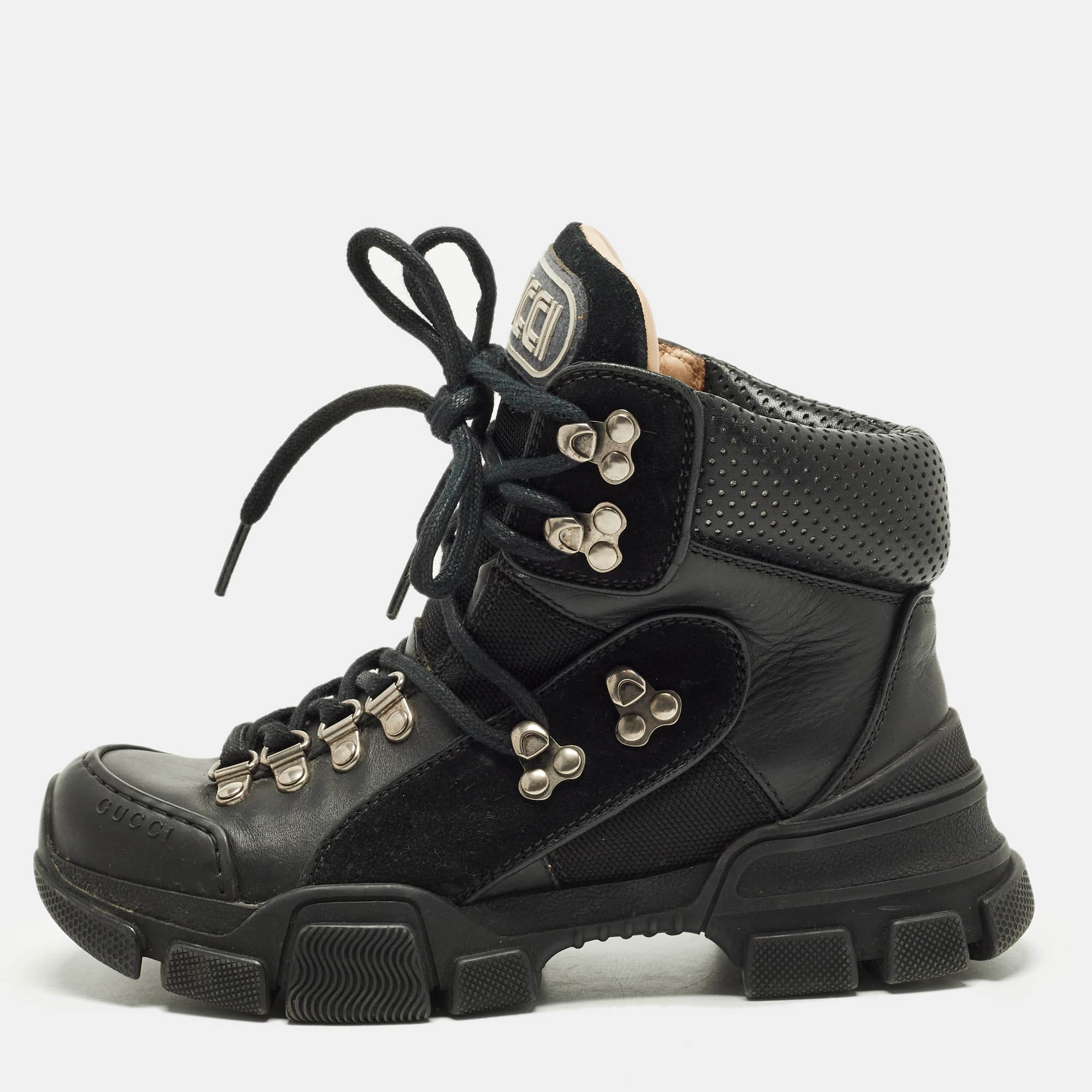 Gucci Flashtrek Size 35 Black Leather Suede Ankle Length Boots