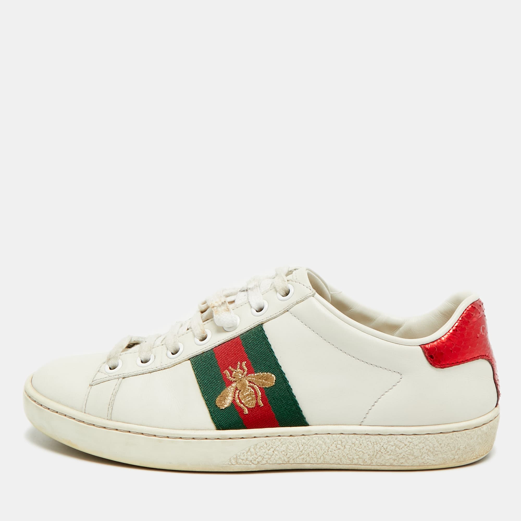 Gucci Ace Size 35 White Leather and Python Embossed Web Embroidered Bee Low Top Sneakers