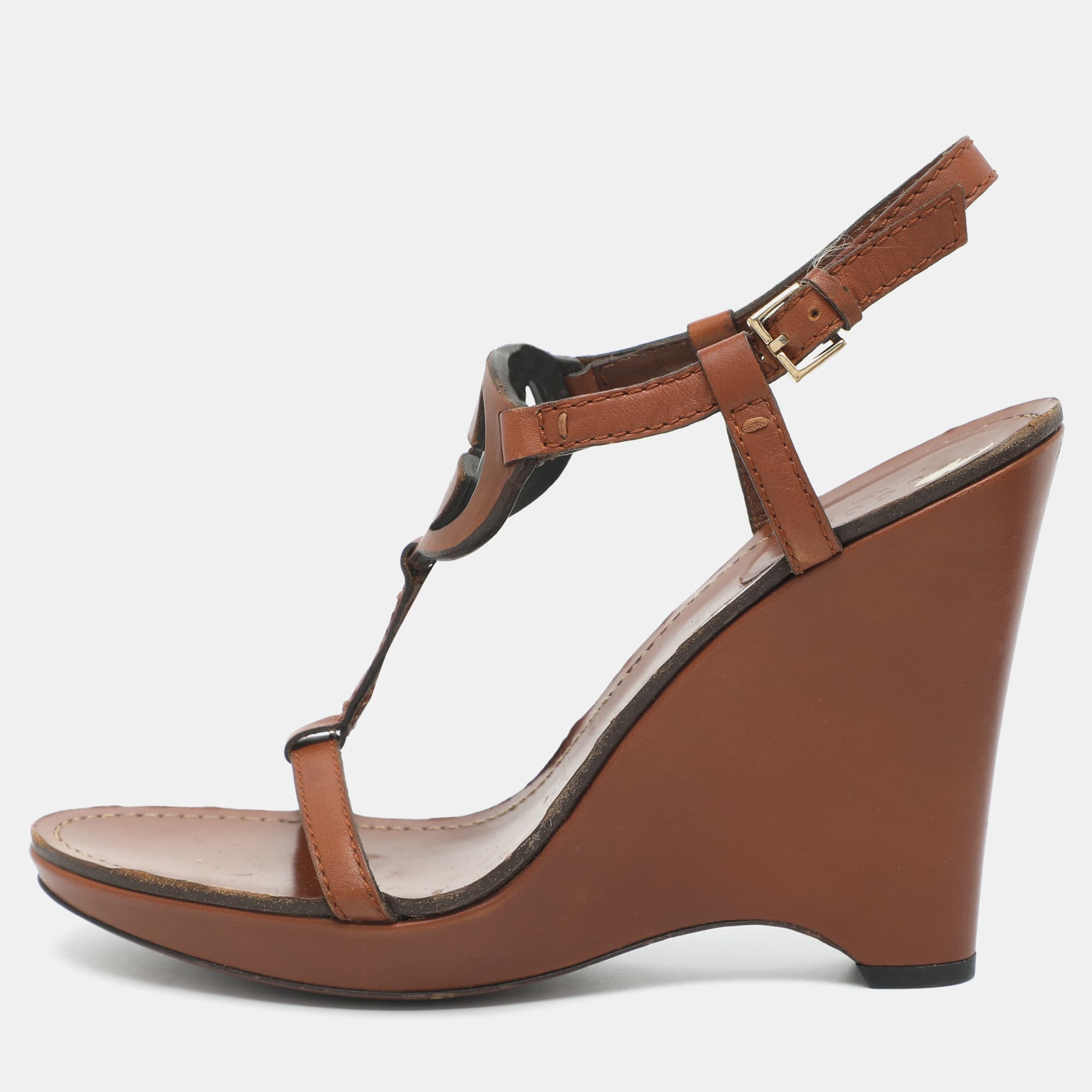 Gucci Interlocking G Size 39 Brown Leather T-Strap Wedge Sandals