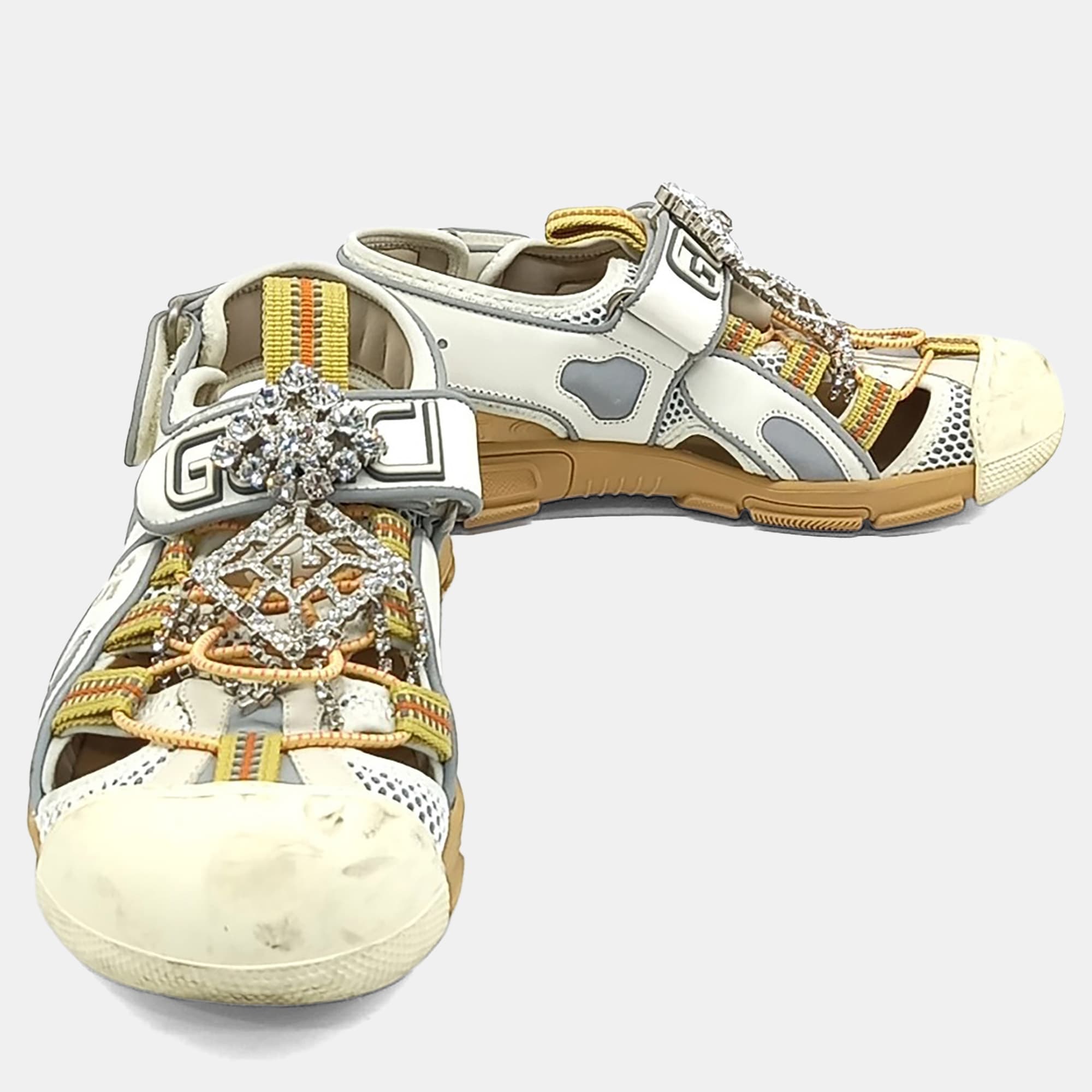 Gucci Cream/Multicolor Crystal Mesh Sandals EU 37