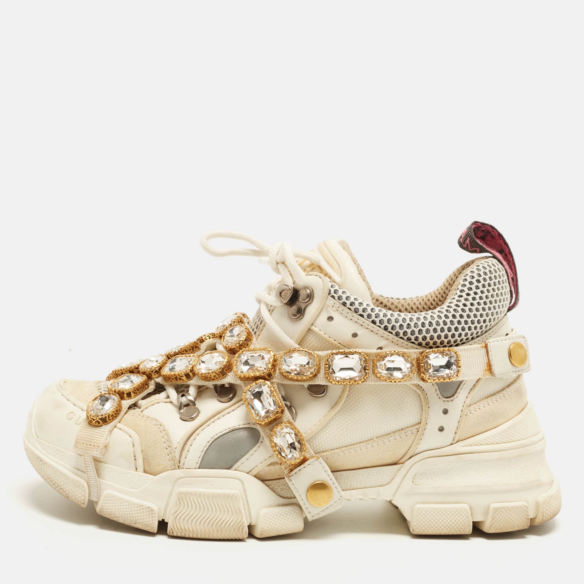 Gucci Flashtrek Size 37 Cream Canvas and Leather and Mesh Lace Up Sneakers