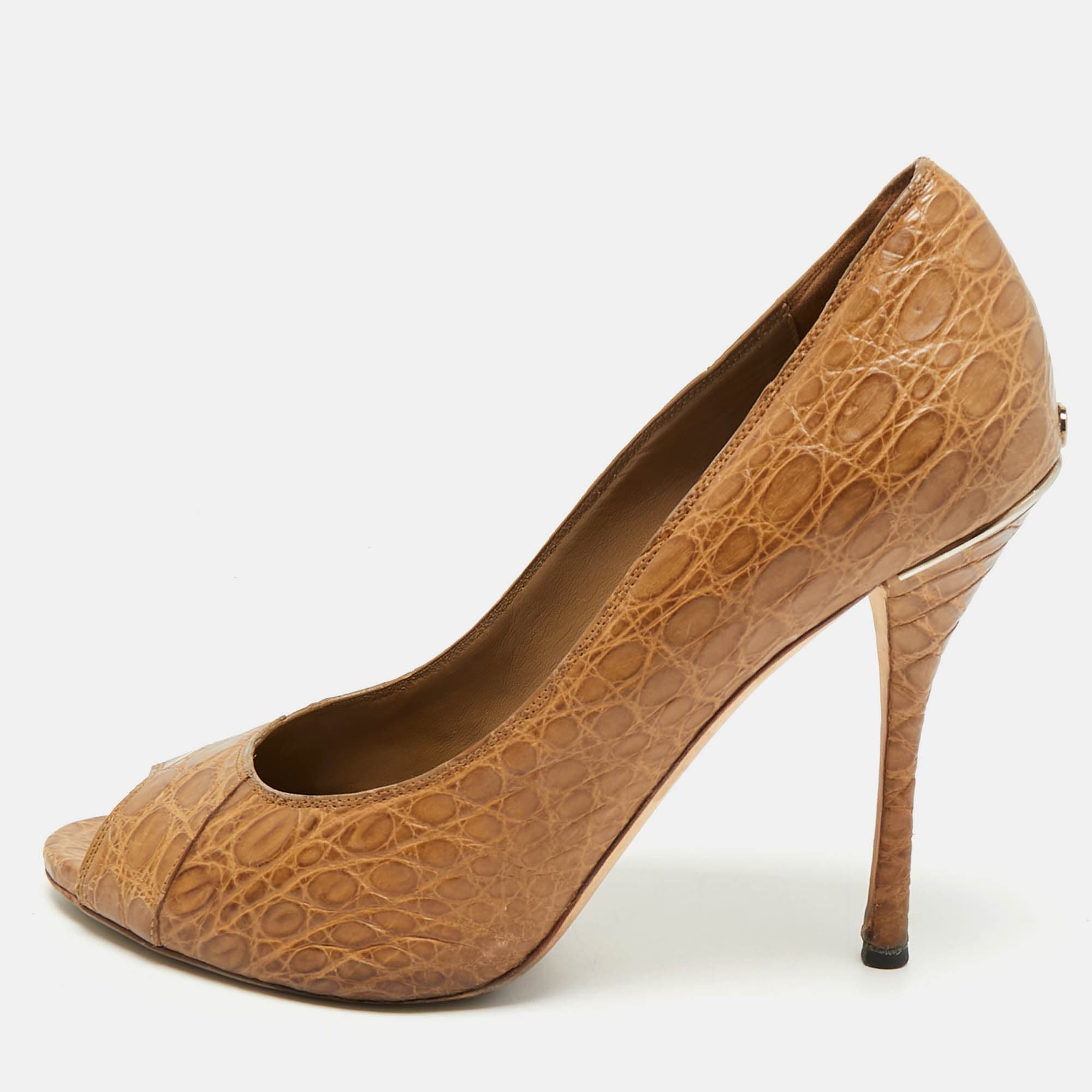 Gucci Size 40 Brown Crocodile Leather Peep Toe Pumps