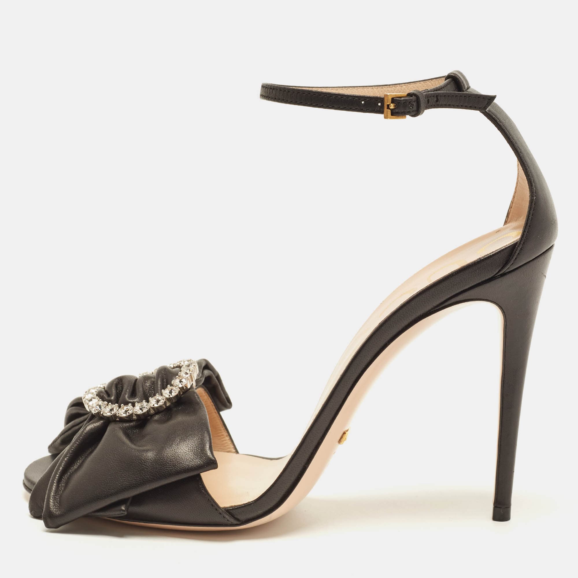 Gucci Charlotte Bow Crystal Embellished Size 39.5 Black Leather Ankle Strap Sandals