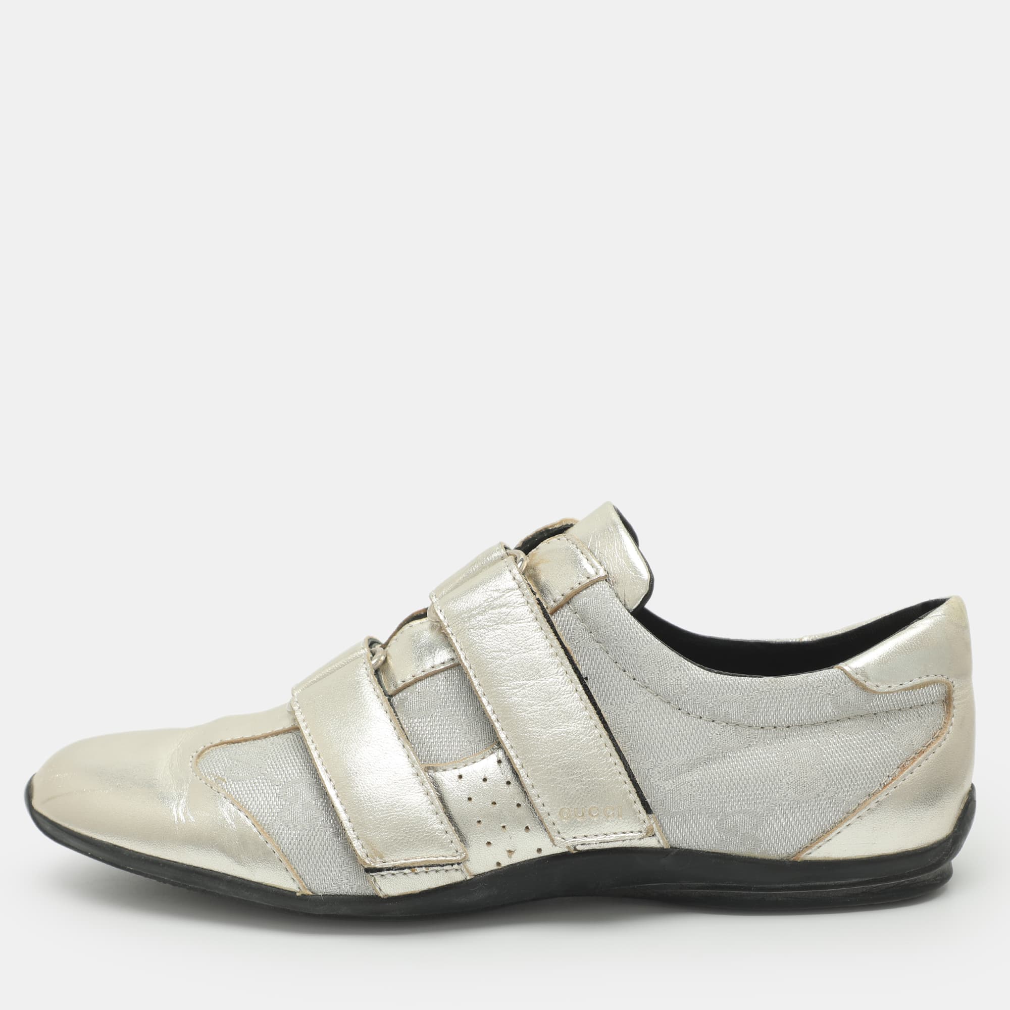 Gucci Size 37 Silver GG Jacquard and Leather Velcro Low Top Sneakers