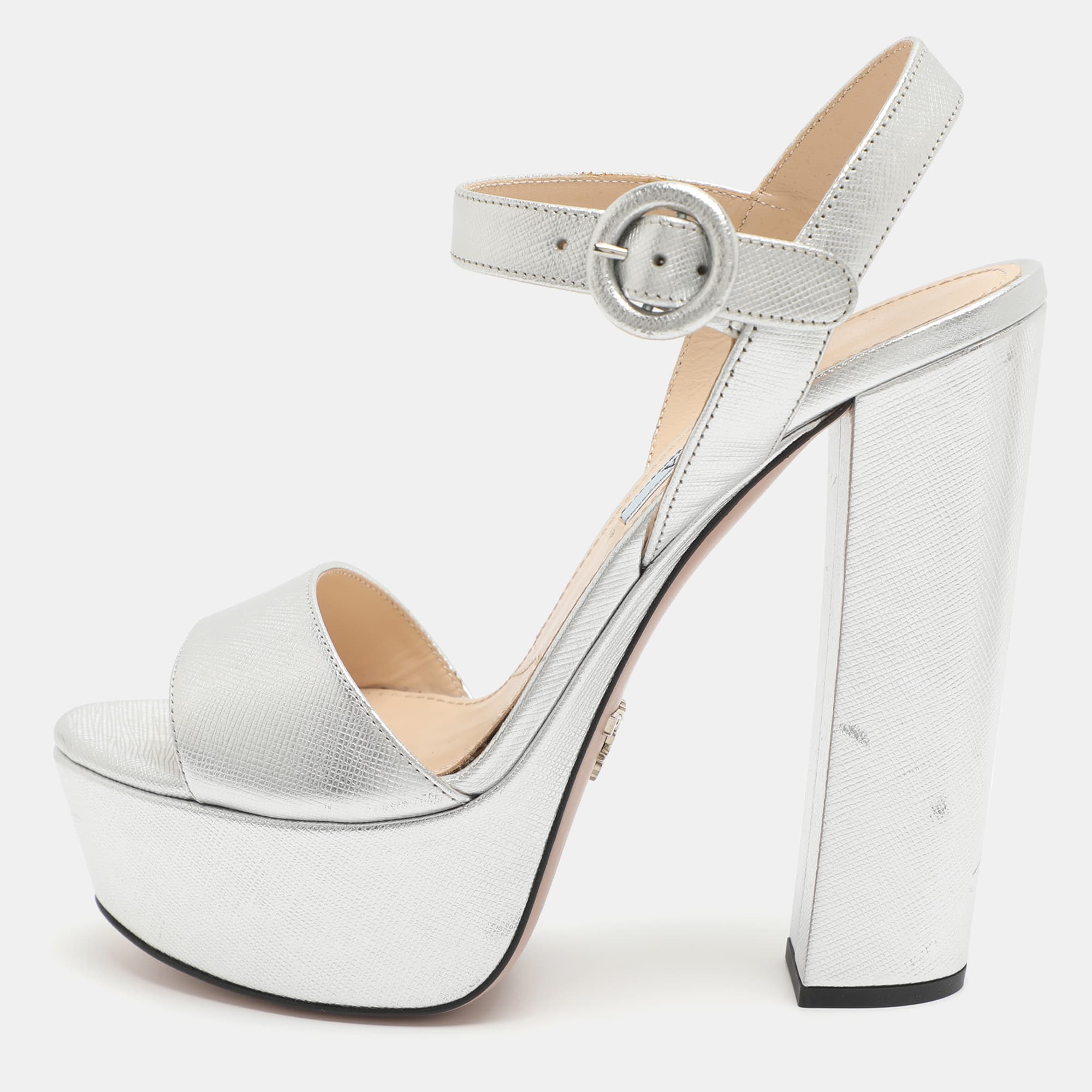 Prada Size 35.5 Silver Leather Platform Ankle Strap Sandals