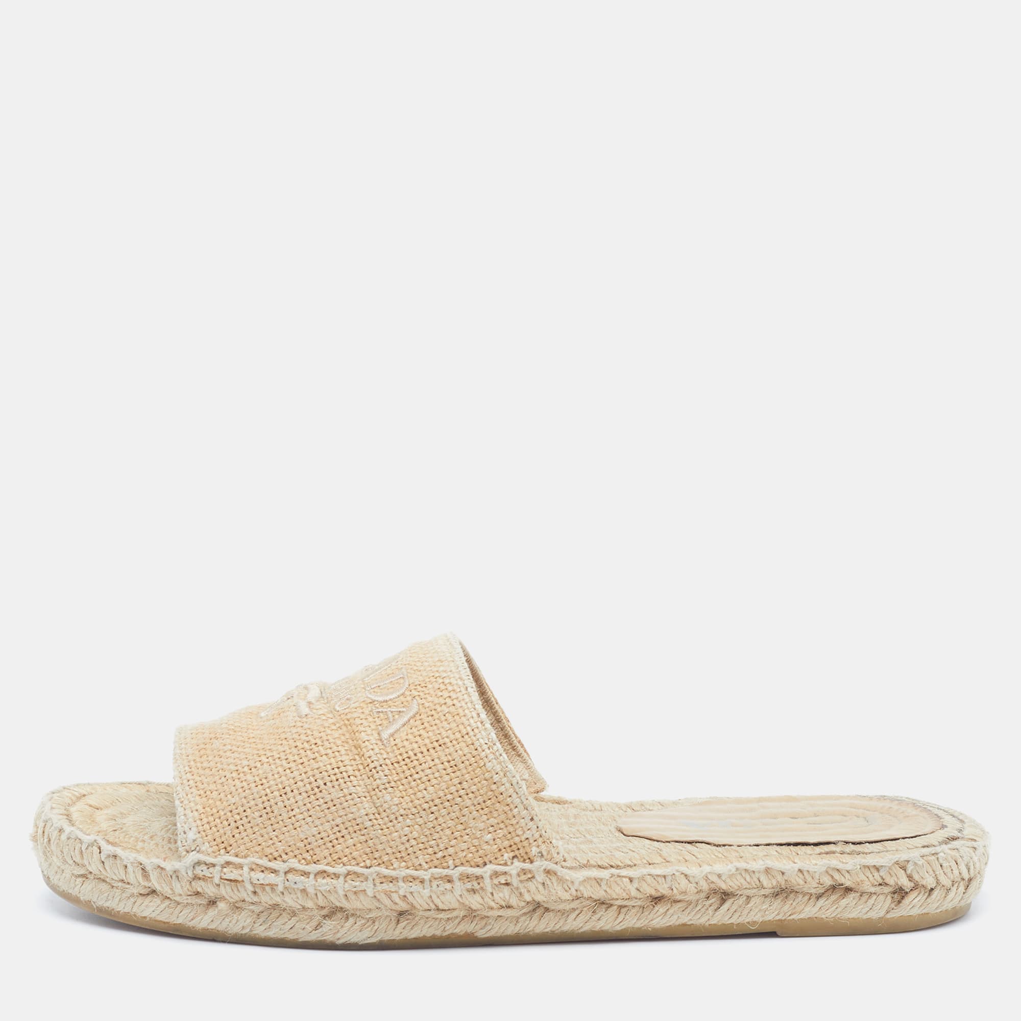 Prada Size 37 Beige Canvas Logo Espadrille Slide Flats