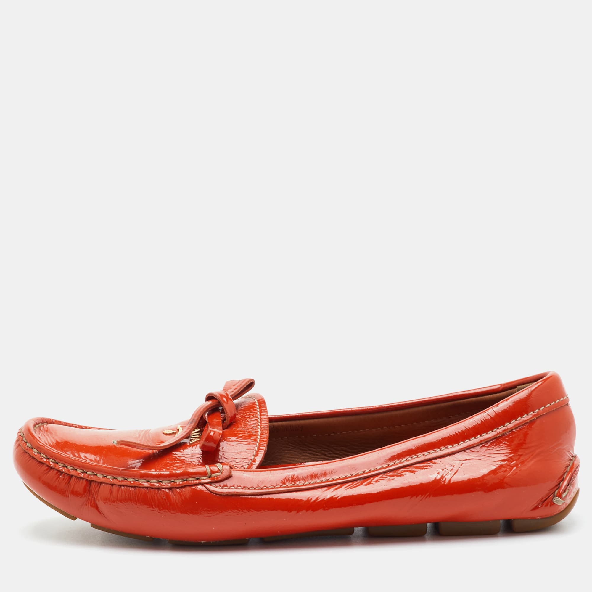 Prada Blow Size 39 Orange Patent Leather Slip On Loafers