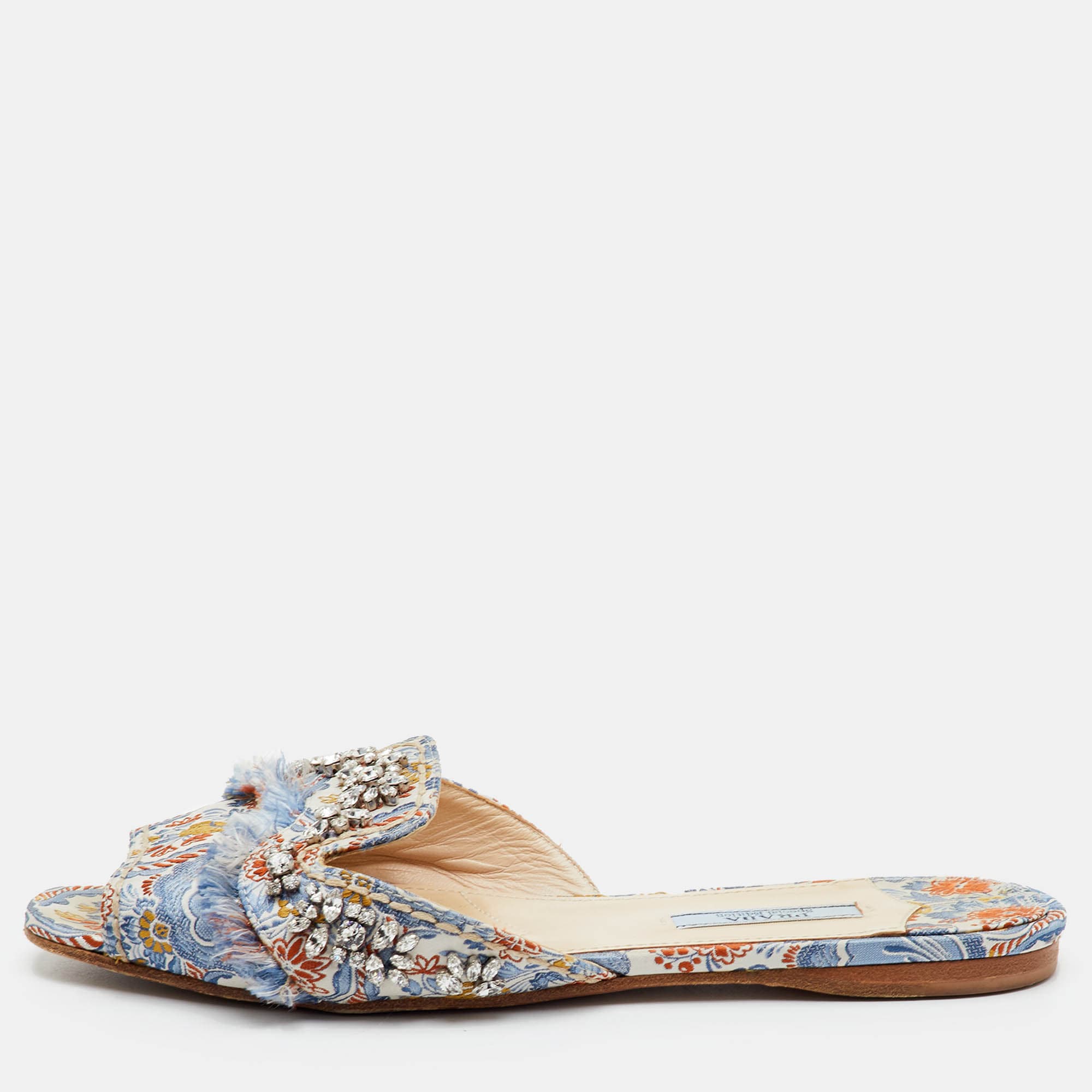 Prada Size 38 Multicolor Brocade Fabric Crystal Embellished Flat Slide Sandals