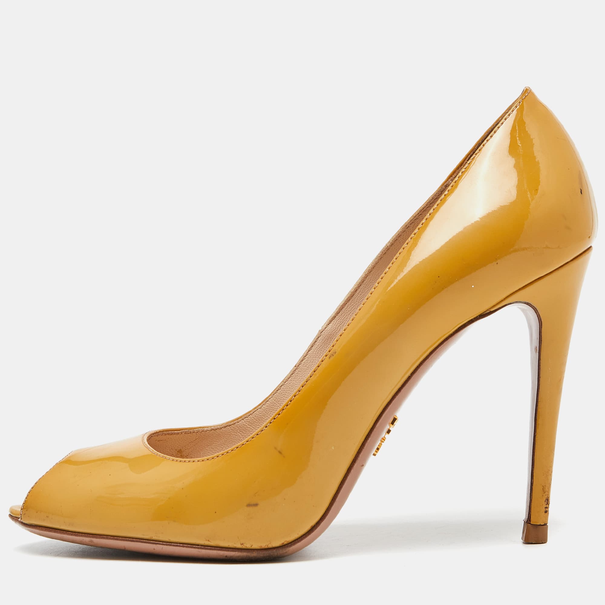 Prada Mustard Patent Leather Peep Toe Pumps Size 38.5