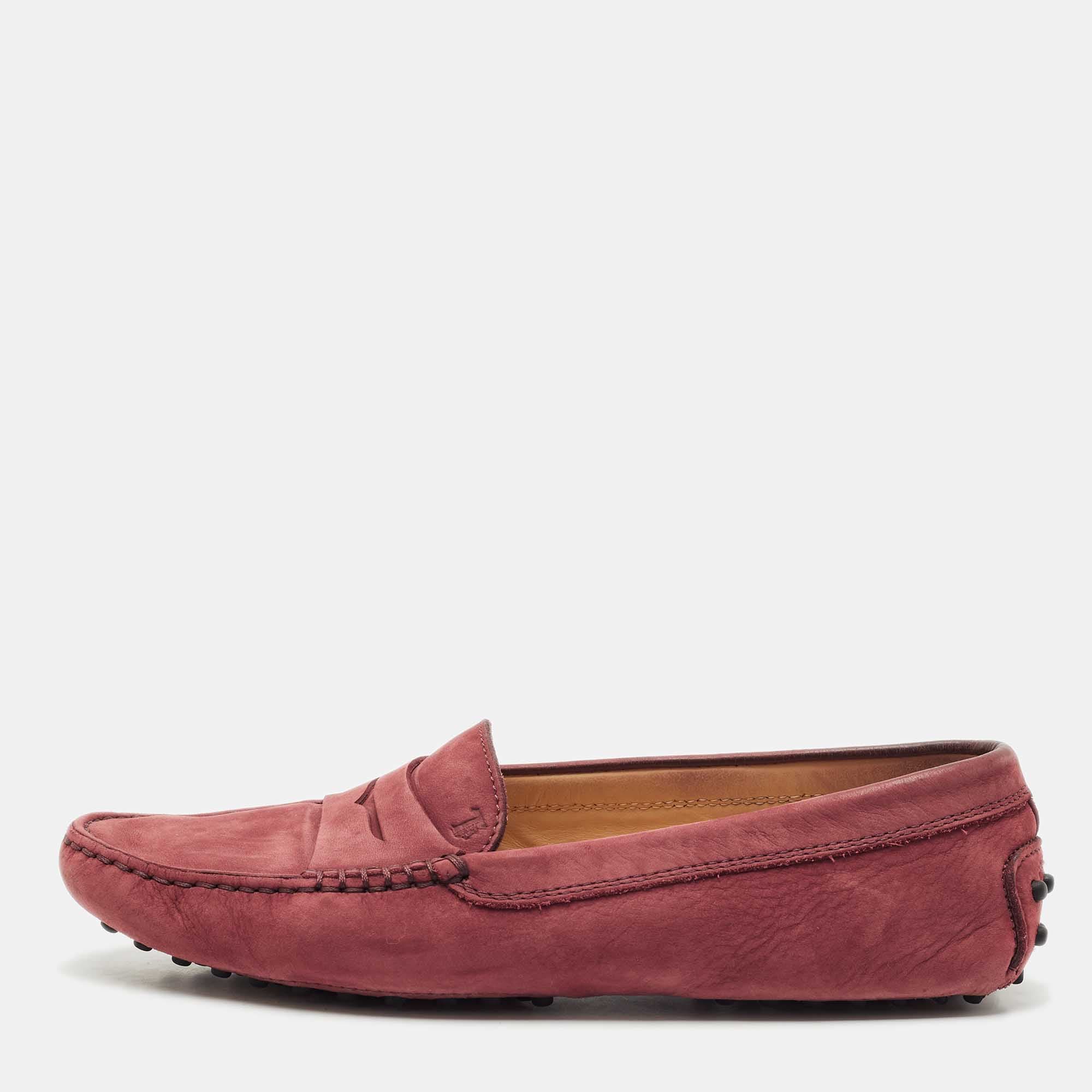 Tod's Size 37.5 Burgundy Nubuck Leather Penny Loafers