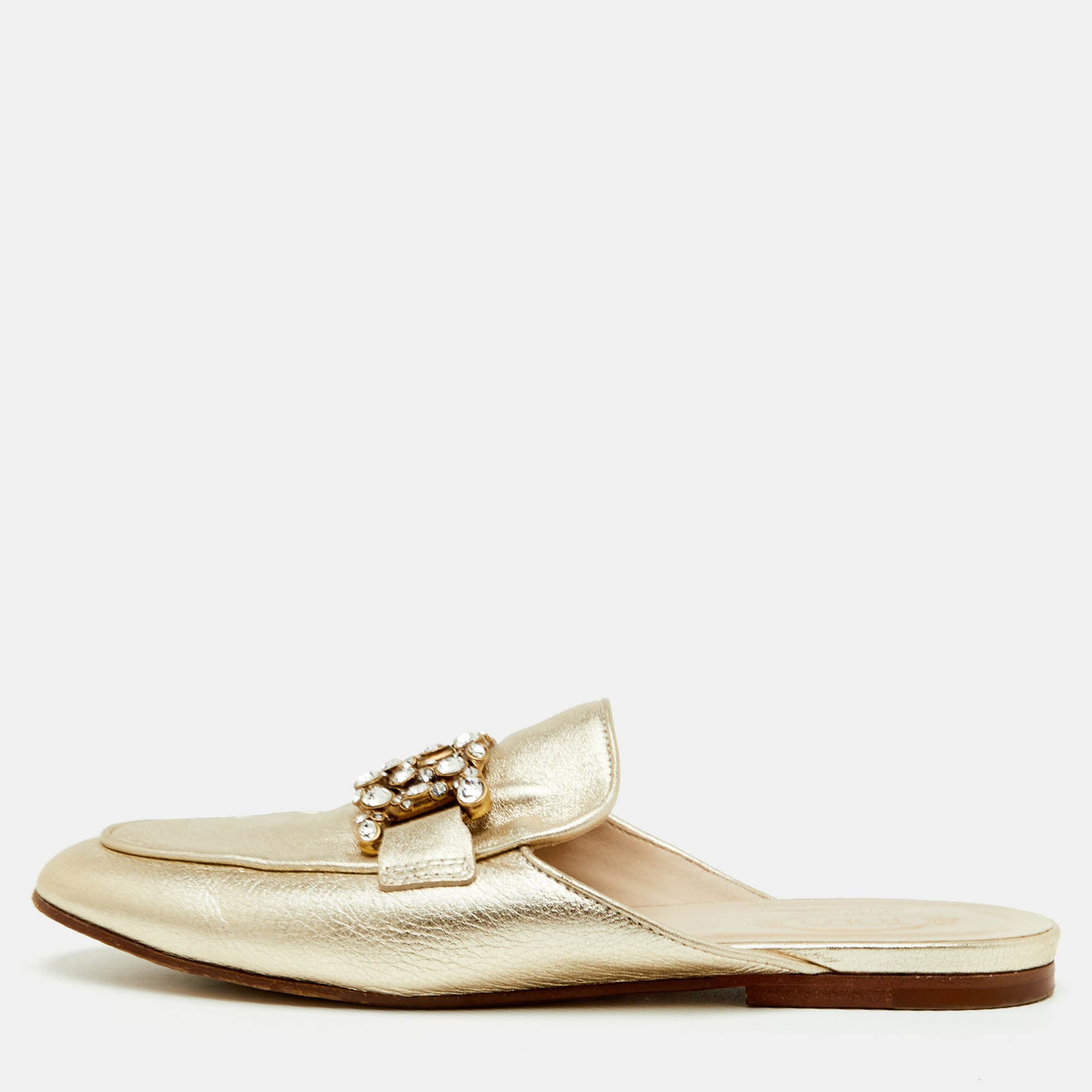 Tod's Kate Size 38.5 Gold Metallic Leather Crystal Embellished Flat Mules